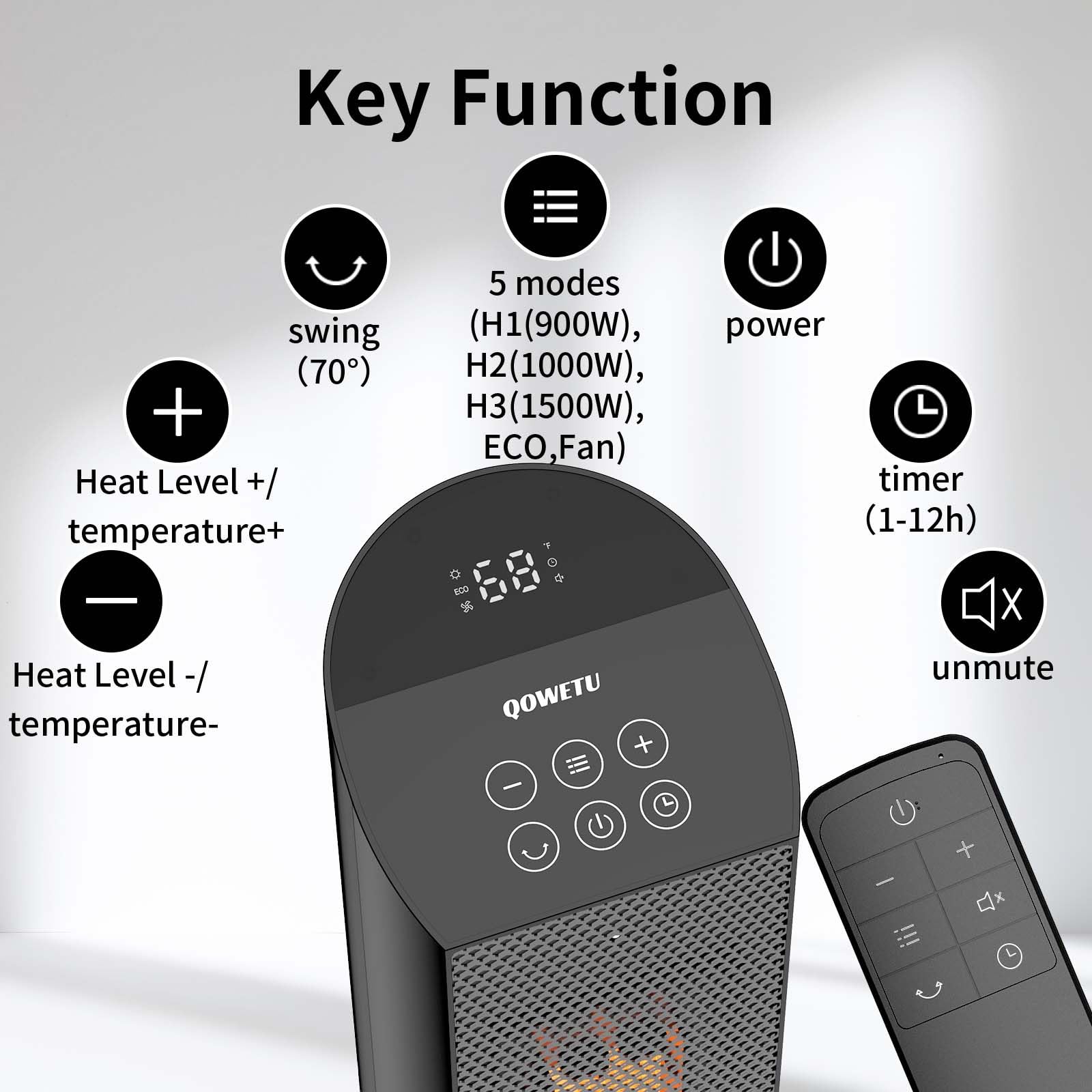 70° Oscillating Tower Space Heater with Remote - 1500W PTC Ceramic Heater with Thermostat, 24 Inch Indoor Electric Heater, 12H Timer & Quiet Operation - Perfect for Office, Home, Bedroom & Winter Warmth