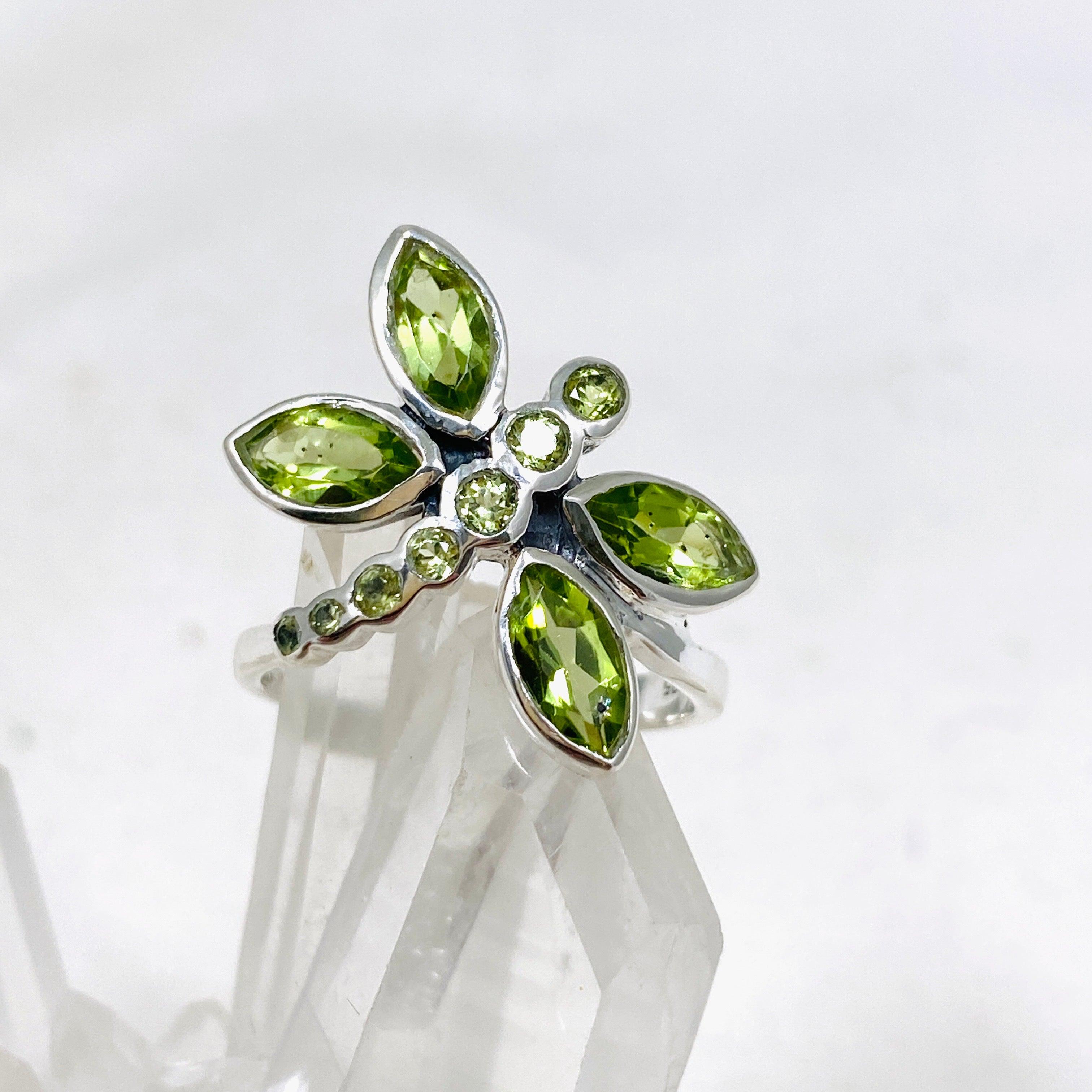 Faceted Peridot Dragonfly Ring R3887 - Elegant Nature-Inspired Jewelry for Women, Perfect for Weddings, Parties & Everyday Wear