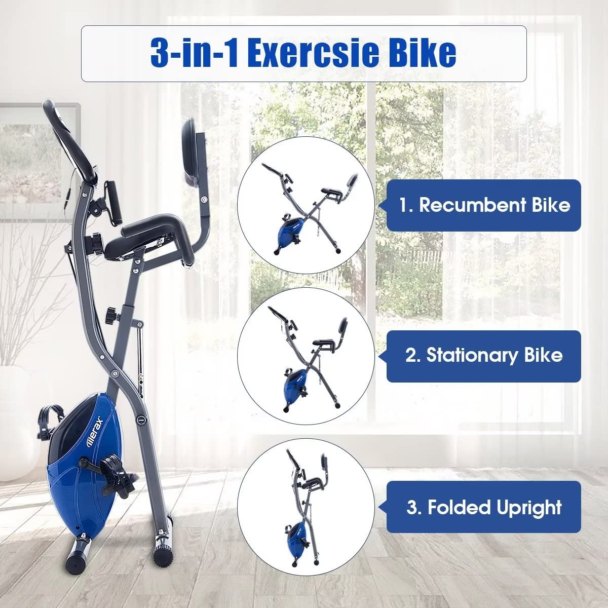 Merax Foldable Exercise Bike - 3-in-1 Magnetic Stationary Bike with 16-Level Resistance, 300LB Capacity for Home Workout | Perfect for Indoor Cycling, Cardio Training & Small Spaces
