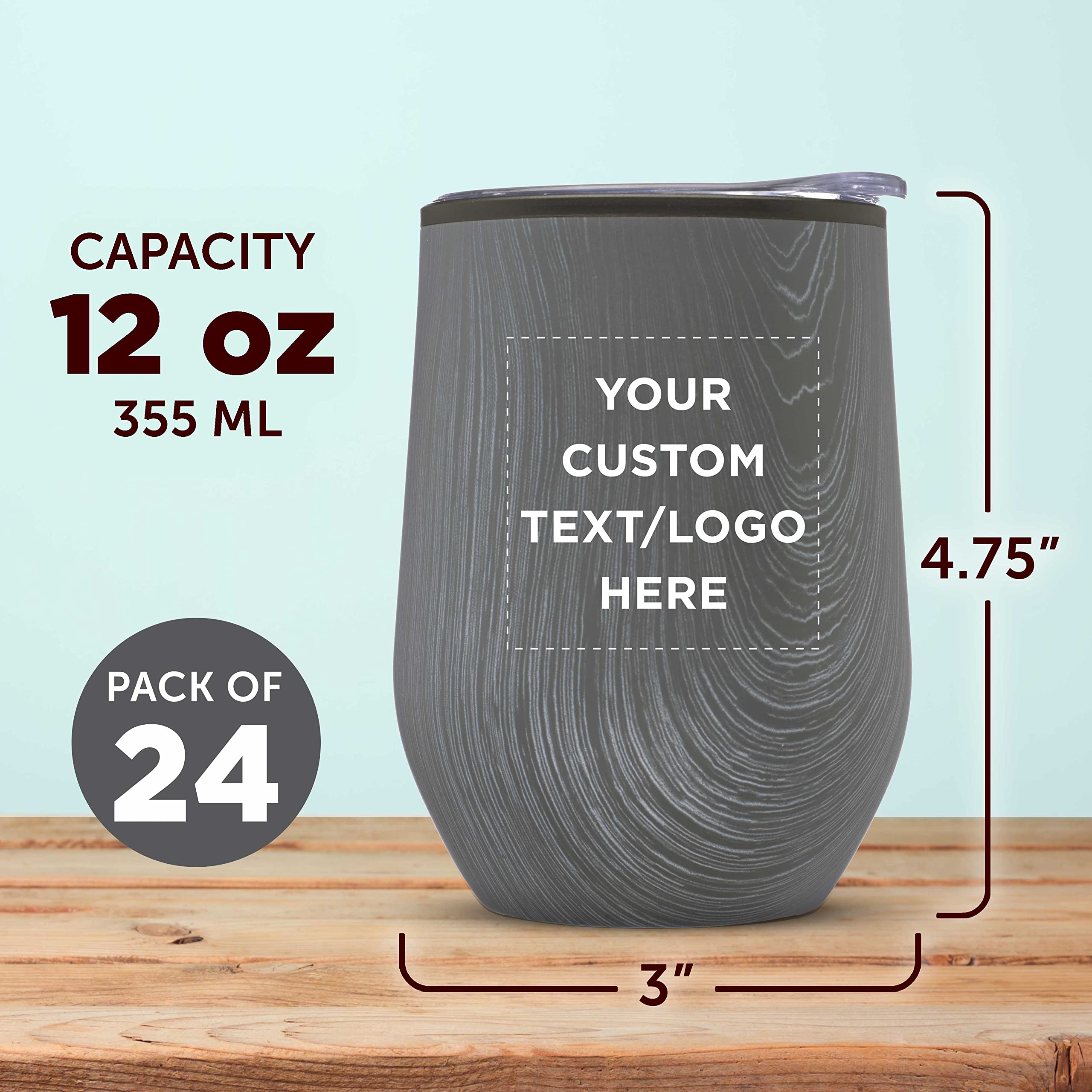 Custom Personalized Palmera Stemless Wine Tumblers with Lids - 12 oz Set of 24 Bulk Pack - Rustic Grey Glassware for Wine, Cocktails, Coffee & Beverages - Perfect for Weddings, Parties, Restaurants & Home Use