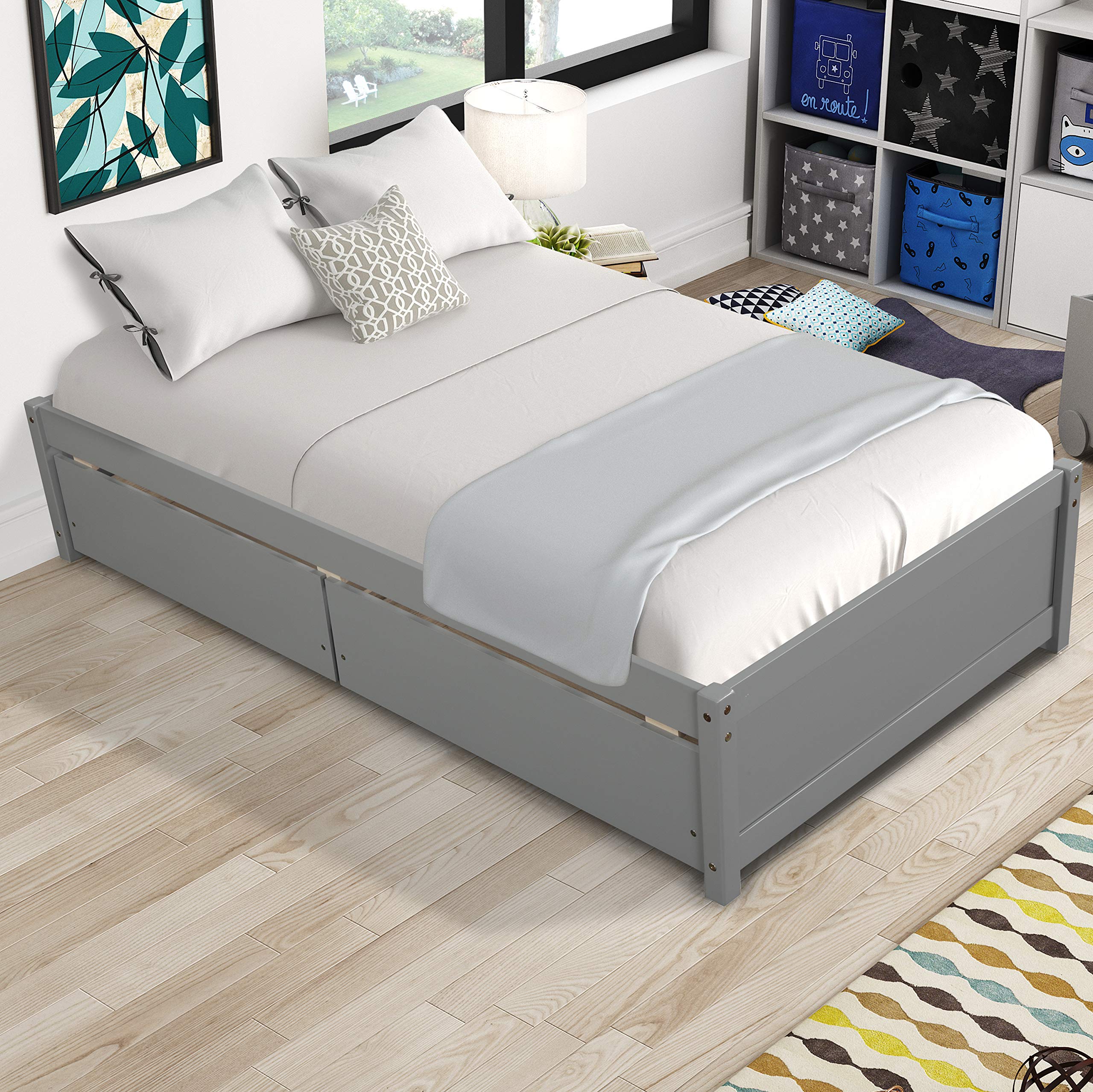 KINFFICT Twin Size Wooden Platform Bed Frame with 2 Storage Drawers - Sturdy Wood Slat Support for Kids & Adults - No Box Spring Required - Easy Assembly (Gray) - Perfect for Small Bedrooms, Guest Rooms & Dormitories