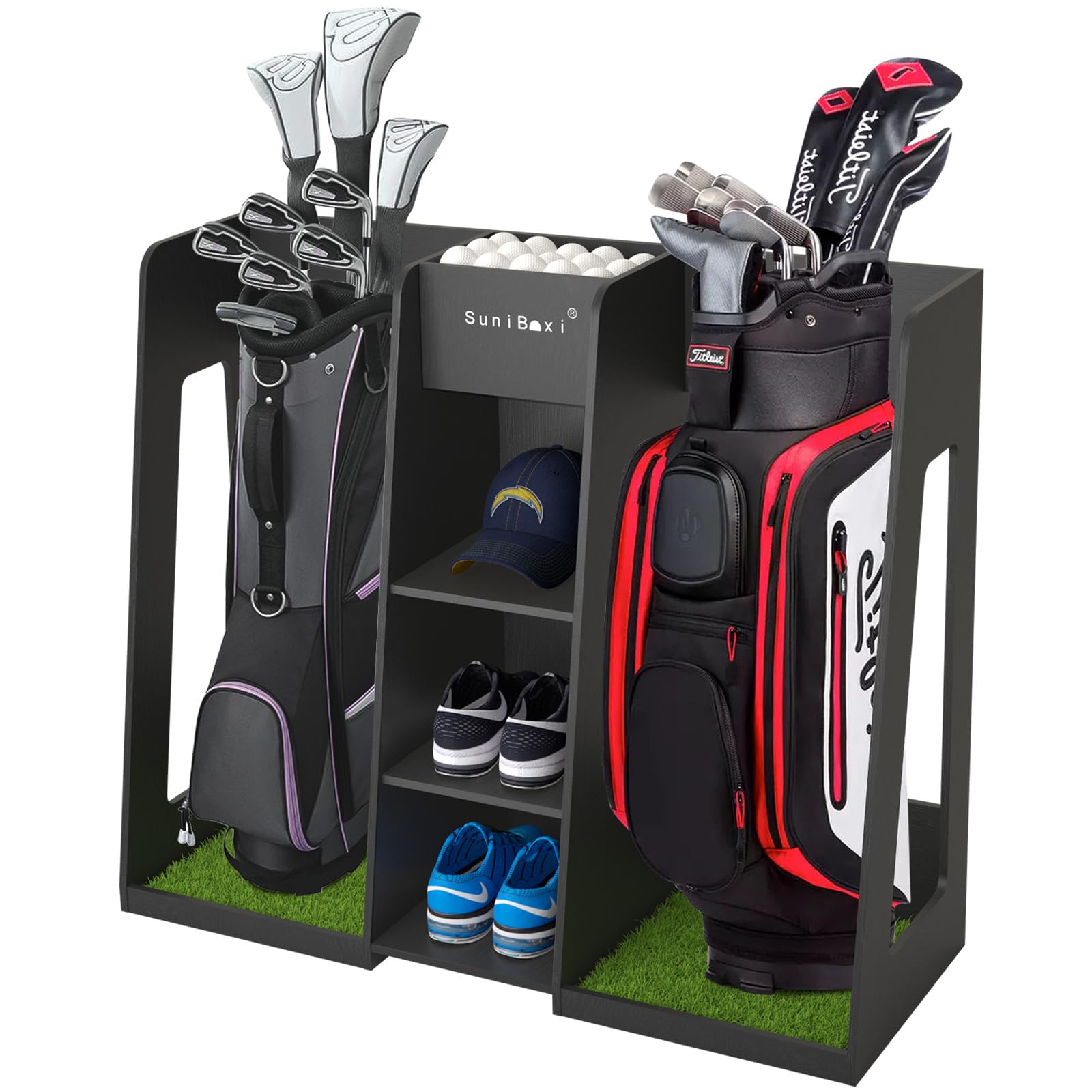 Premium Golf Bag Organizer Stand - Holds 2 XL Golf Bags & Multiple Accessories | Durable Storage Rack for Clubs, Shoes & Gear | Perfect for Garage, Basement, Shed - Ideal Gift for Golfers of All Levels | Indoor & Outdoor Use on Course or at Home