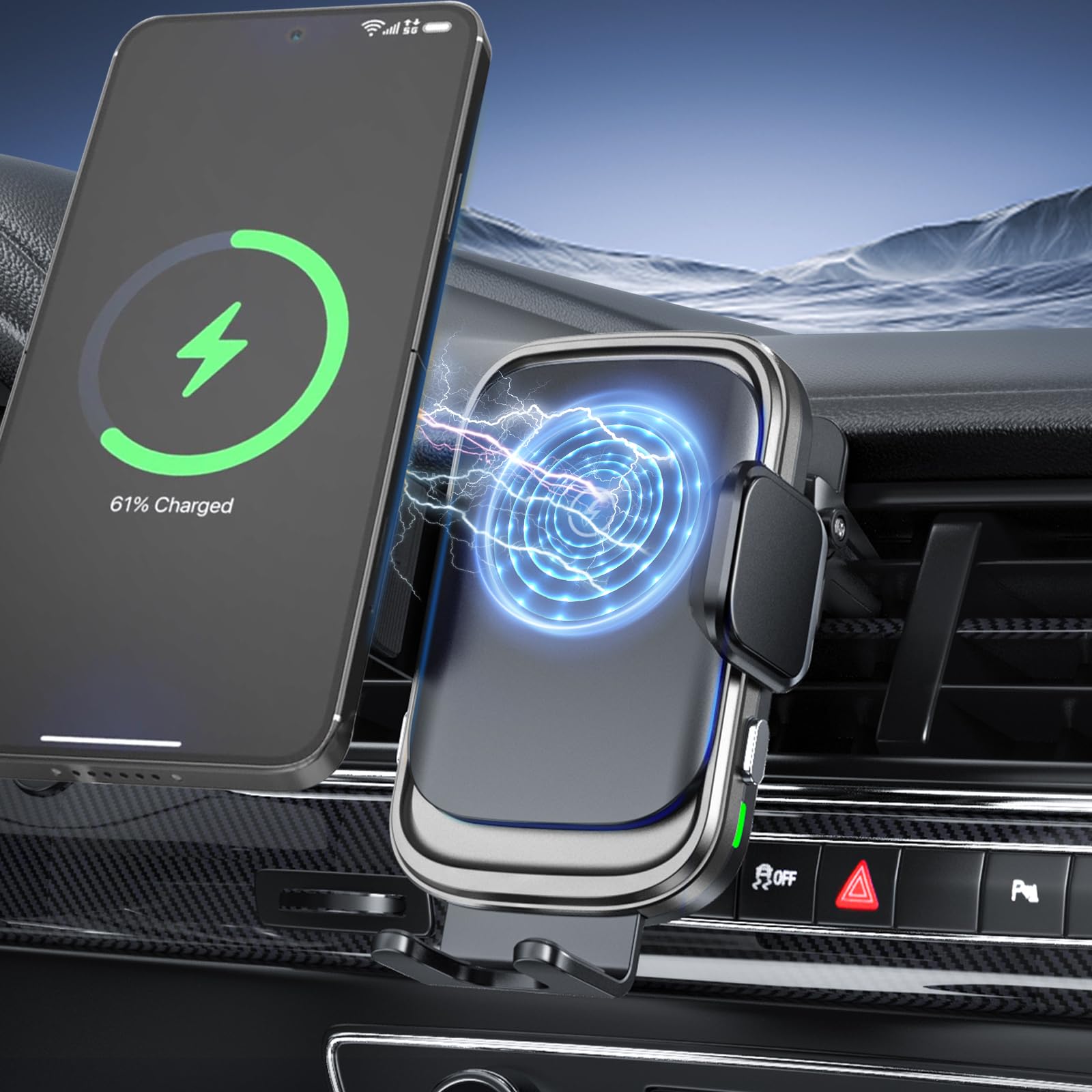 15W Qi Fast Wireless Car Charger - Auto-Clamping Phone Holder Mount for iPhone 14/13/12 & Galaxy with Type C Cable | Secure Charging While Driving