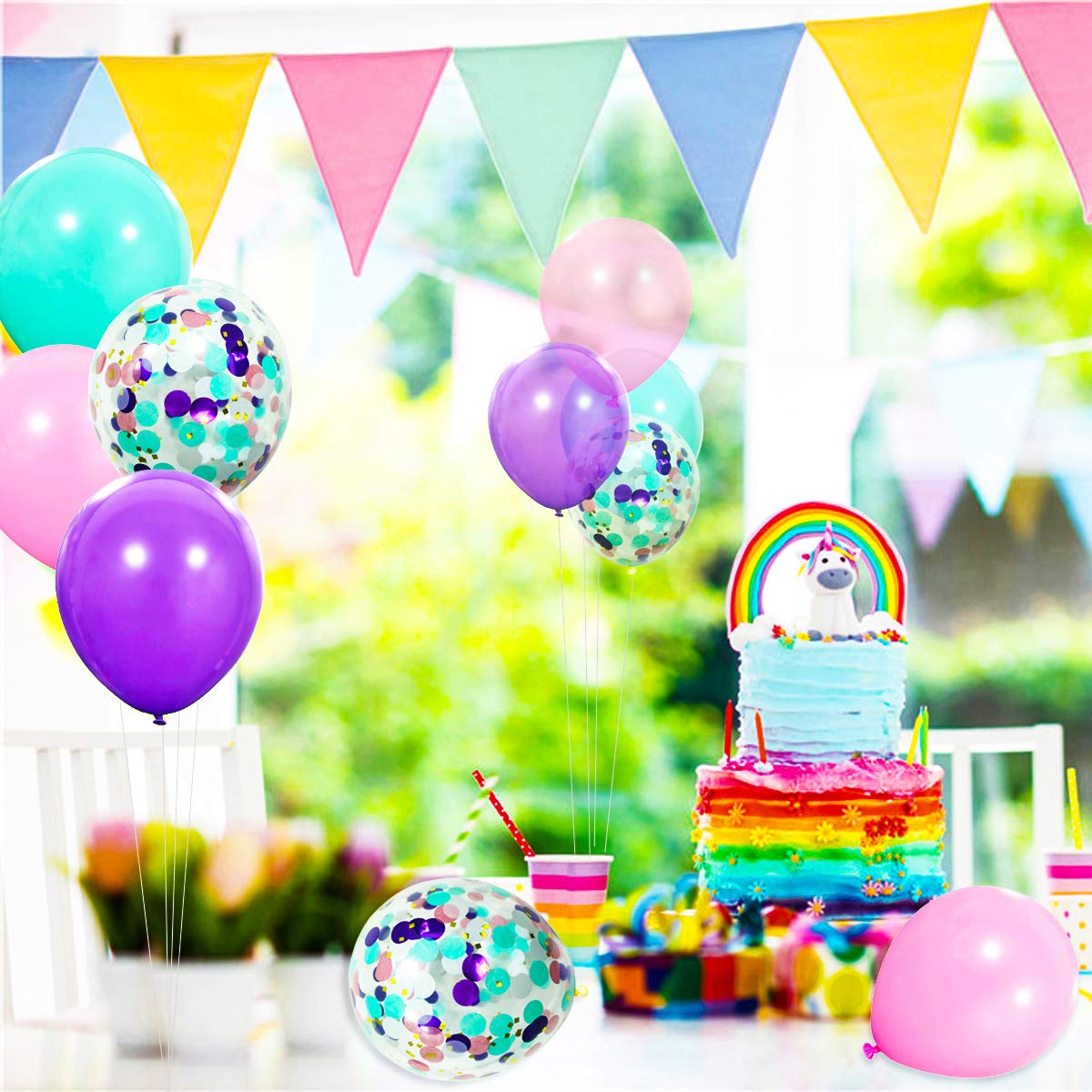 40 Pack Unicorn Balloons - 12 Inch Pastel Latex Balloons in Light Purple, Pink & Seafoam Blue with Confetti & Ribbon for Party Decorations | Perfect for Birthday Parties, Baby Showers, Weddings & Graduation Celebrations