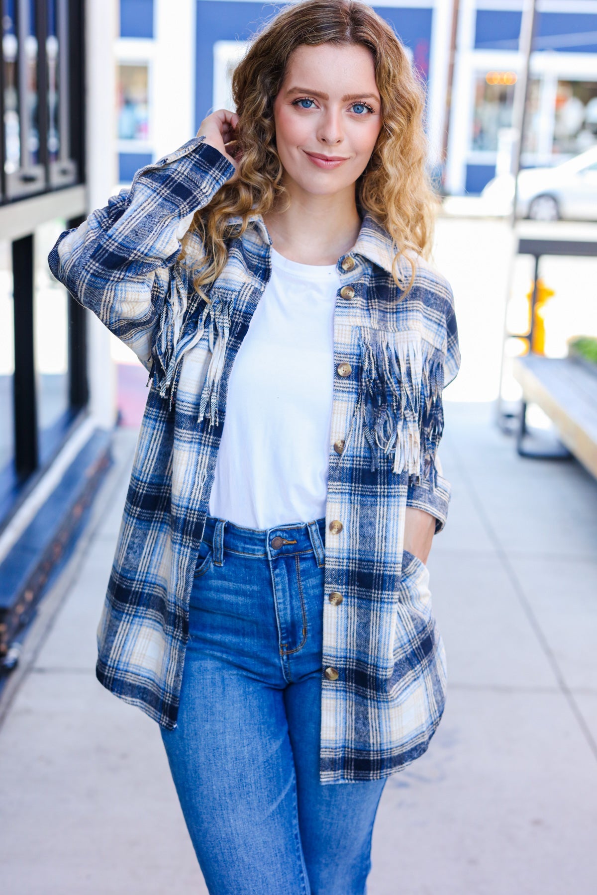 Boldly You Navy Plaid Fringe Button Down Shacket - Stylish Overshirt for Women | Fall & Winter Layering Essential | Perfect for Casual Outings, Workwear & Outdoor Adventures