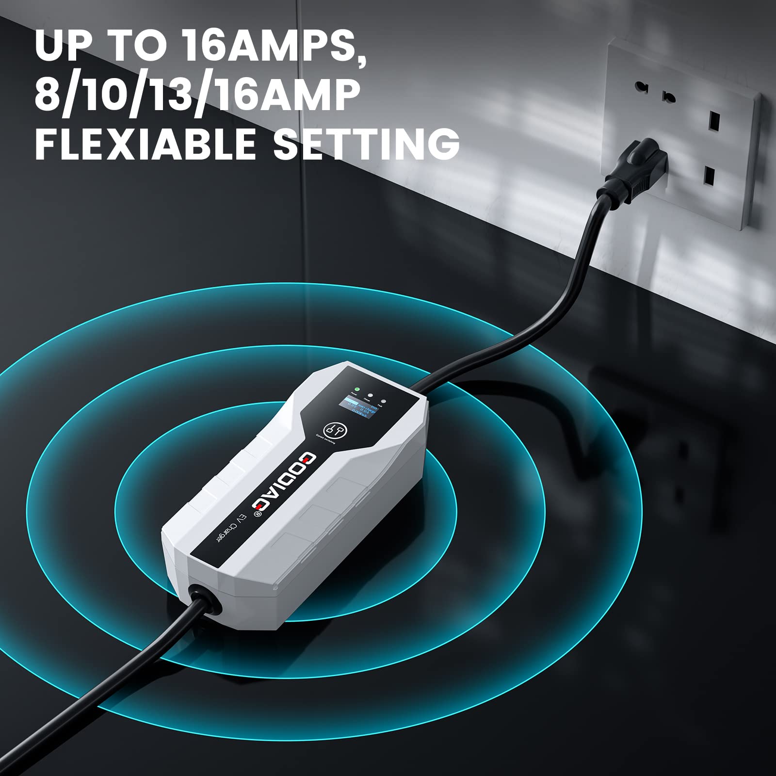 Portable EV Charger Level 1 & 2 - 8/10/13/16 Amp Adjustable Electric Car Charger with 110V-240V 3.5KW Power - 20ft Cable for Plug-in Hybrid & Electric Vehicles - Perfect for Home, Office & Road Trip Charging