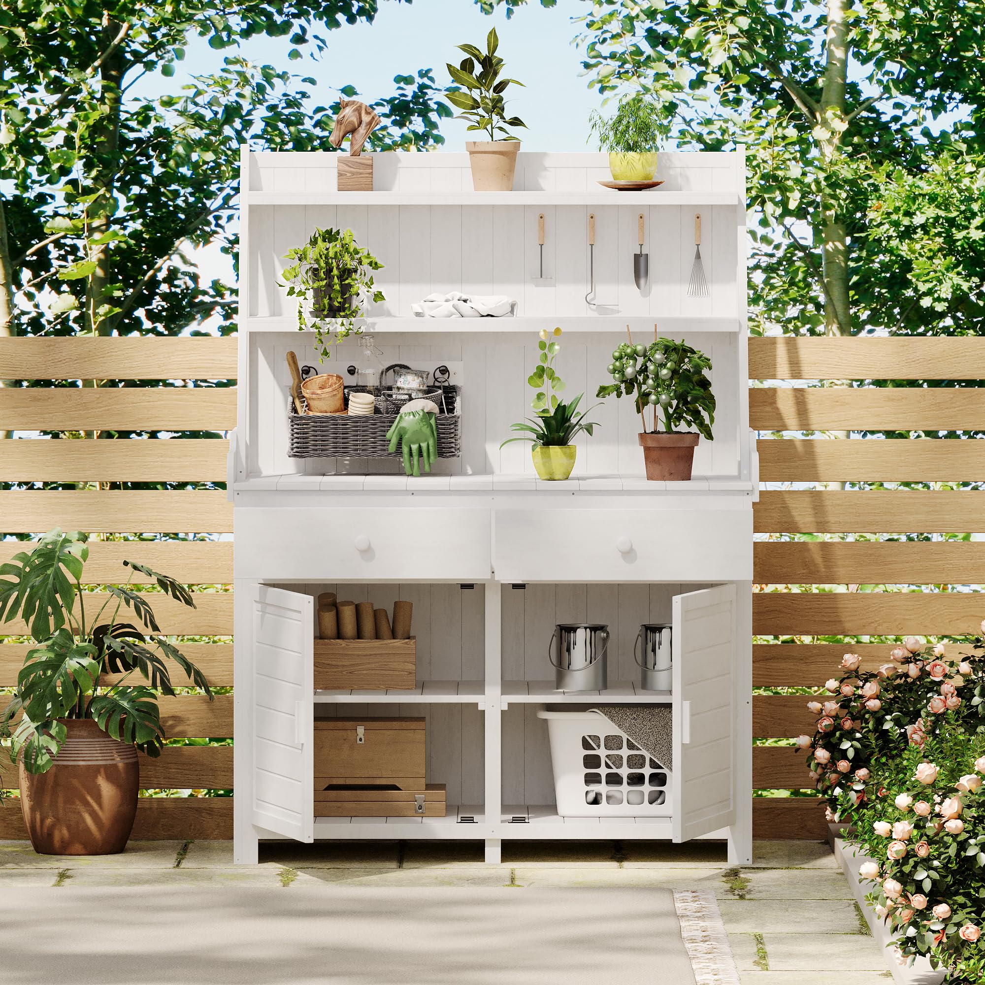 P PURLOVE Fir Wood Garden Potting Bench with Storage Shelf, Drawer & Cabinet - Durable Outdoor Work Table for Gardening, Backyard & Patio - Perfect for Planting, Potting & Organizing Tools
