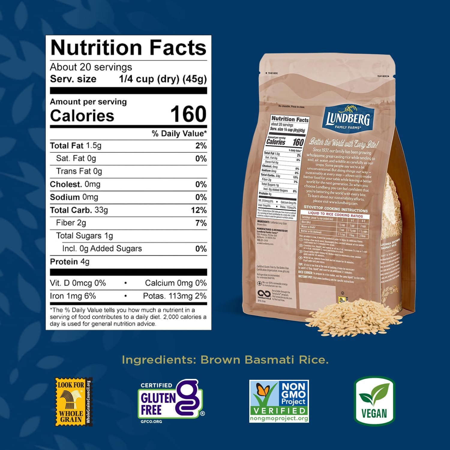 Organic Lundberg Basmati Brown Rice - Long Grain, Non-Sticky & Fluffy Aromatic Rice, Sustainably Grown in California, 32 Oz (Pack of 1) - Perfect for Healthy Meals, Meal Prep & Vegan Cooking
