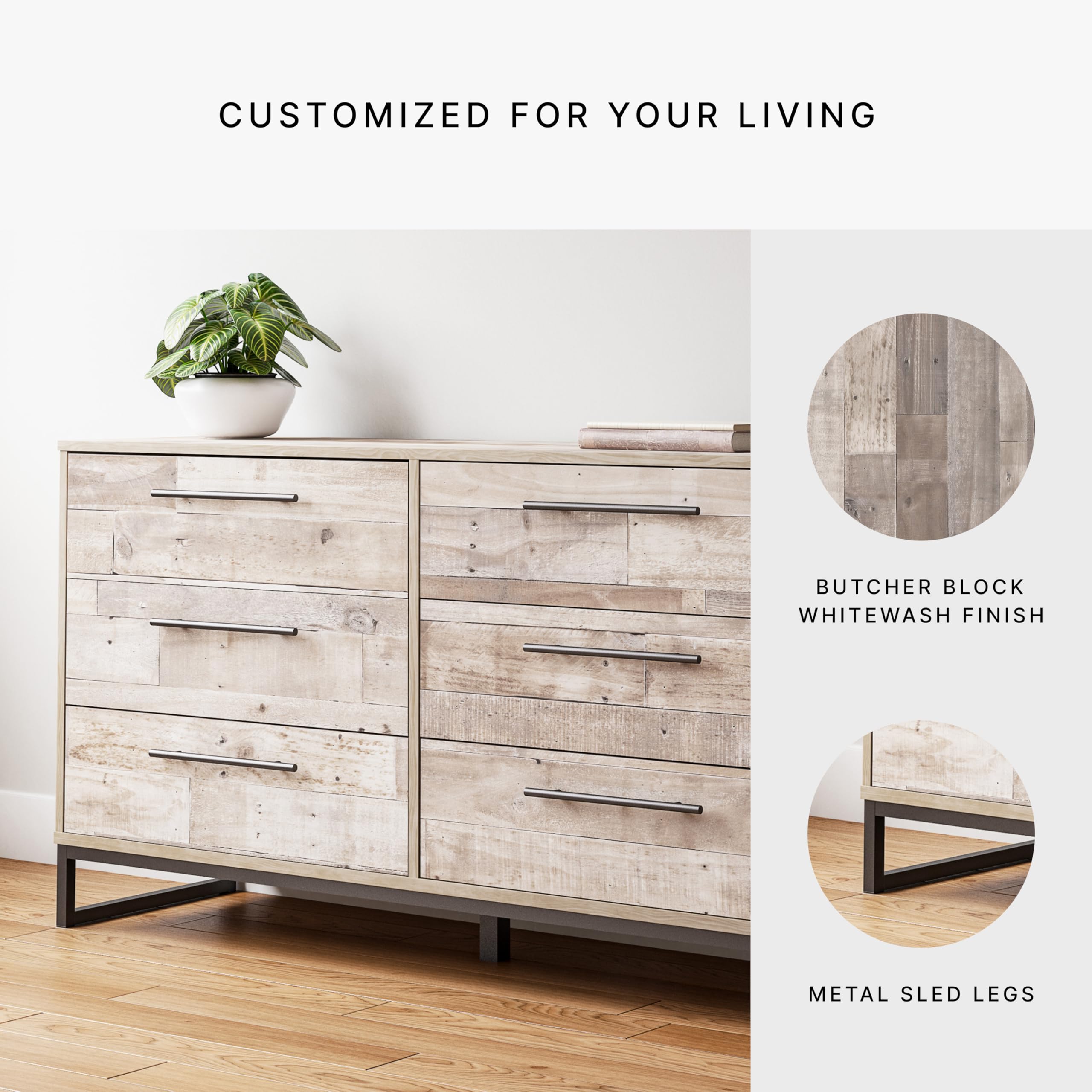 Signature Design by Ashley Neilsville Industrial 6-Drawer Dresser in Butcher Block Gray - Stylish Wooden Chest for Bedroom Storage & Organization