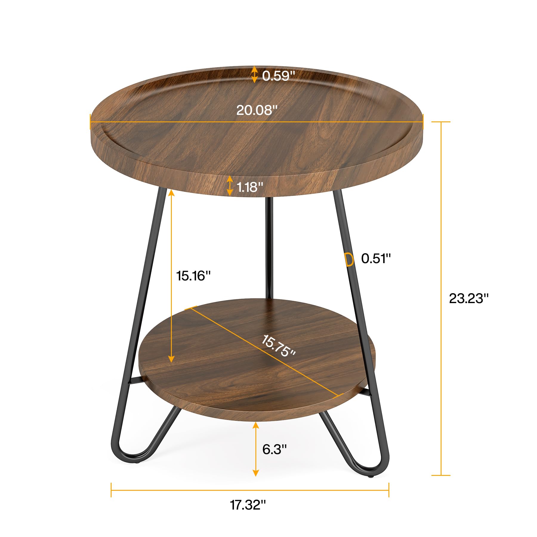 Tribesigns 2-Tier Round Side Table with Metal Legs - Modern Industrial End Table, Small Accent Table for Living Room, Bedroom, Office - Easy Assembly Brown Wood Finish - Perfect for Snacks, Drinks, Books & Plants in Compact Spaces
