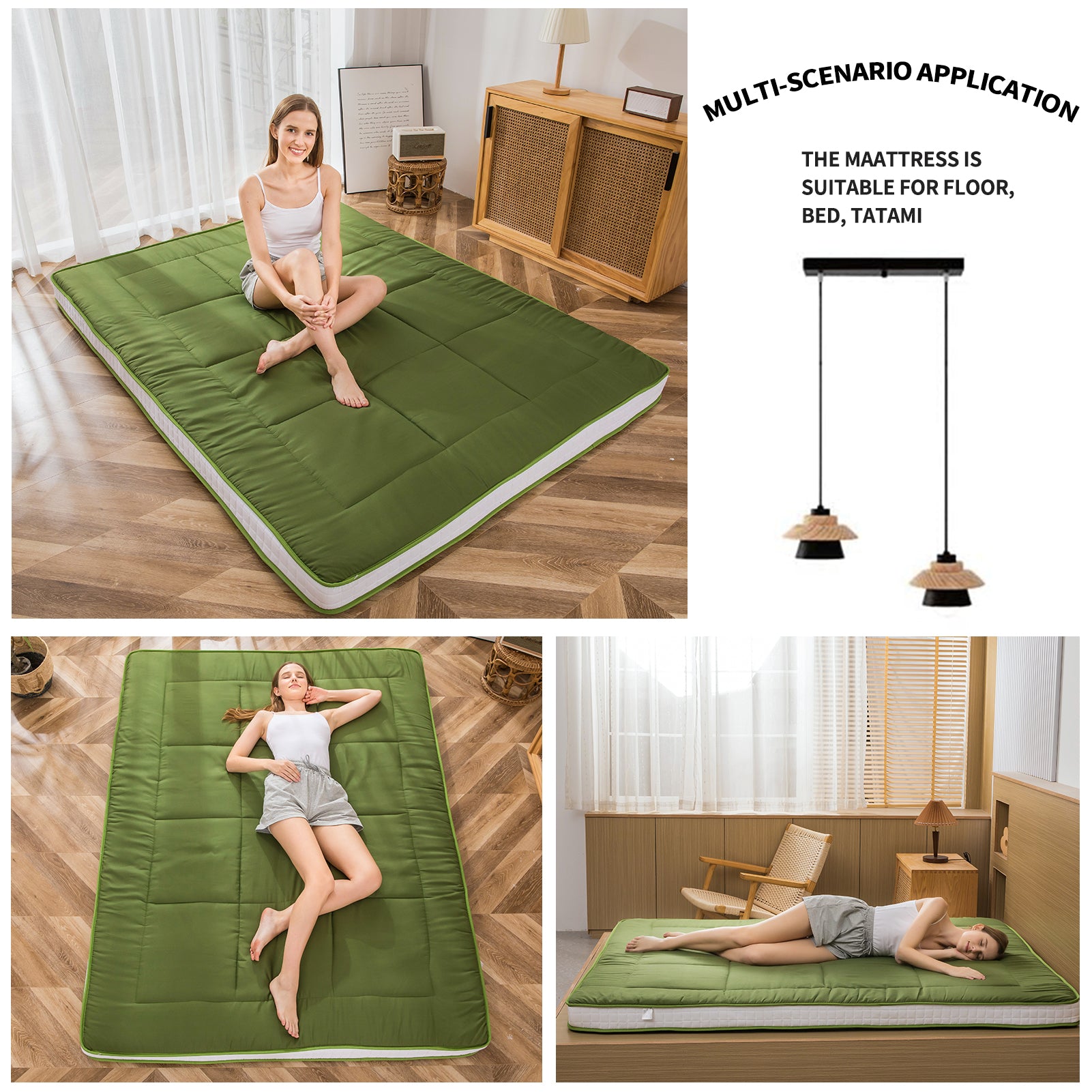 MAXYOYO Padded Japanese Floor Mattress - Green Foldable Roll Up Futon Mattress for Bedroom, Guest Room & Travel | Comfortable Floor Sleeping & Lounging