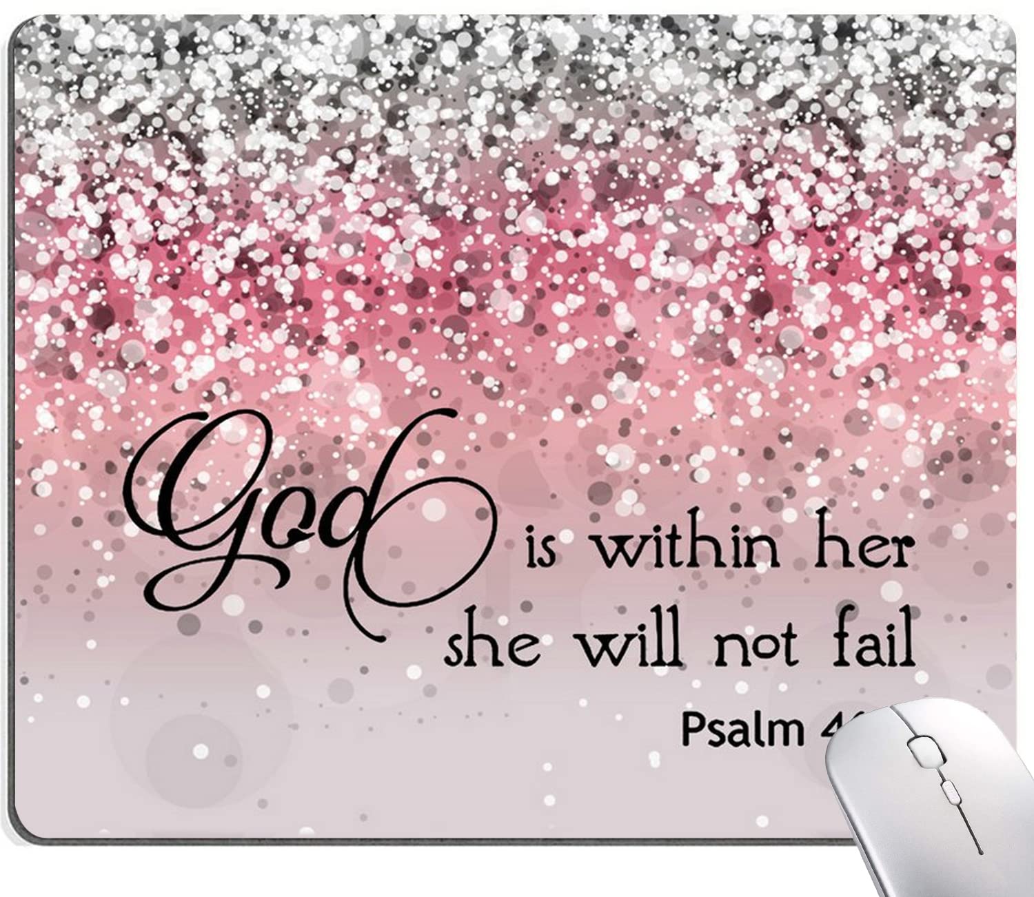 Pink Sparkles Glitter Bible Verse Mouse Pad - Non-Slip Rubber Base, Waterproof Square Mousepad for Office & Laptop (Psalm 46:5 God is Within Her) - Perfect for Christian Gifts, Work Desks & Home Office Decor