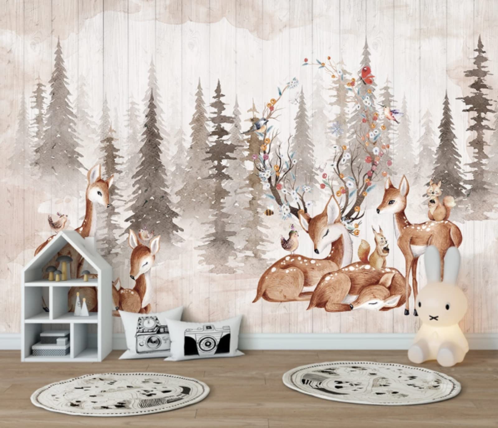 3D Forest Elk Bear Wall Mural - Cartoon Animal Wallpaper for Kids Room, Bedroom & Living Room Decor - 59
