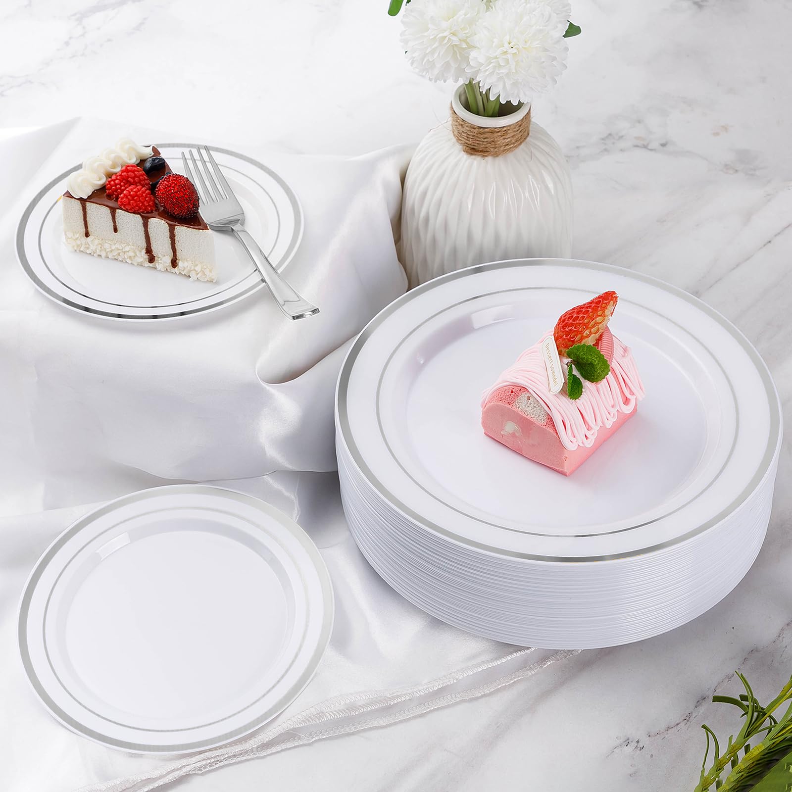 Goodluck 300-Piece Disposable Silver Plastic Dinnerware Set - 50 Dinner Plates, 50 Salad Plates, 50 Spoons, 50 Forks, 50 Knives & 50 Cups - Elegant Party Tableware for Weddings, Birthdays, Catering & Events
