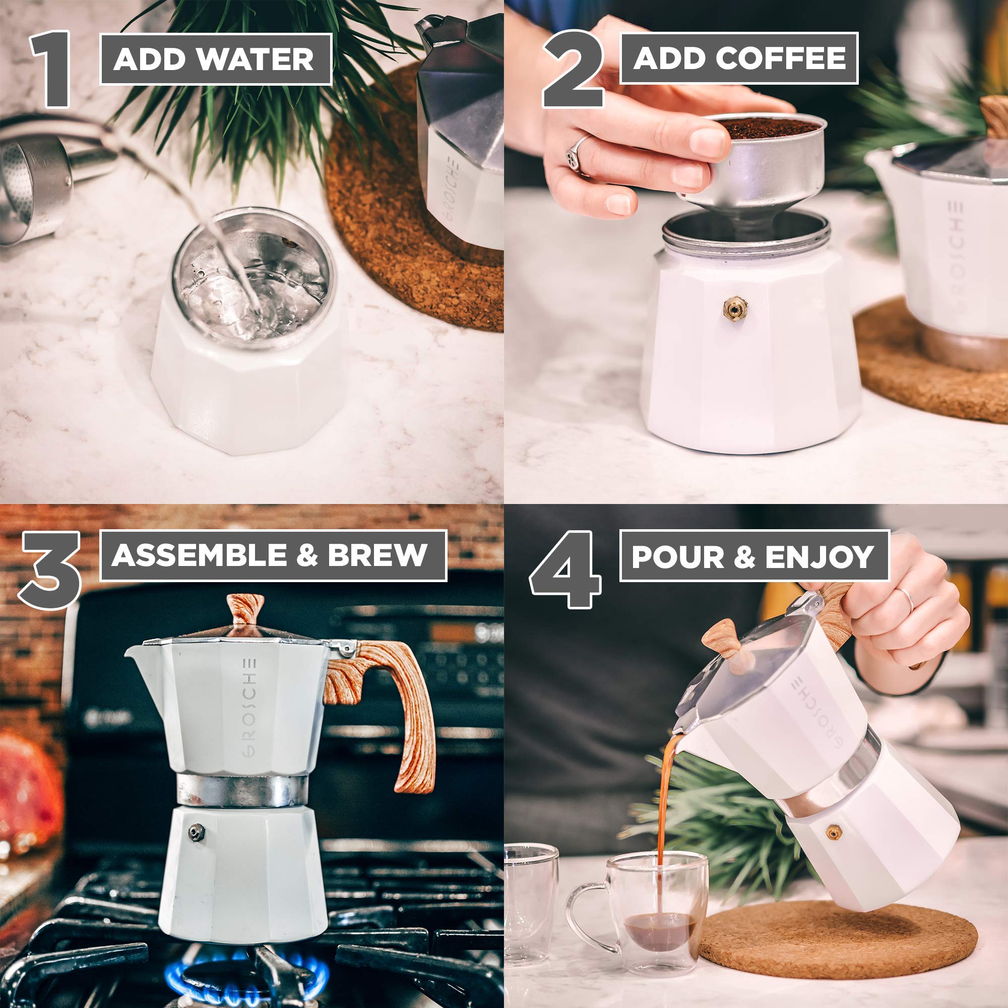 GROSCHE Milano Stove Top Espresso Maker - 3 Cup (5 oz) with Battery Operated Milk Frother - Perfect for Lattes, Cappuccinos & Home Coffee Brewing - White Bundle for Coffee Enthusiasts