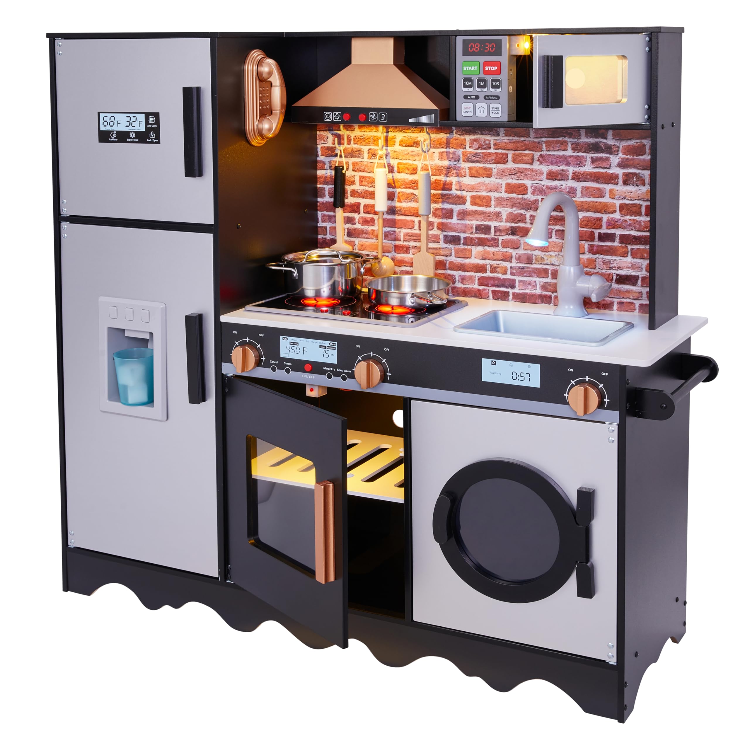 **Lil' Jumbl Kids Wooden Play Kitchen Set with Realistic Sounds & Lights – Battery-Operated Ice Maker, Microwave, Stove, Oven & Range Hood – Includes Pots, Pans & Utensils – Perfect for Pretend Play & Early Learning**