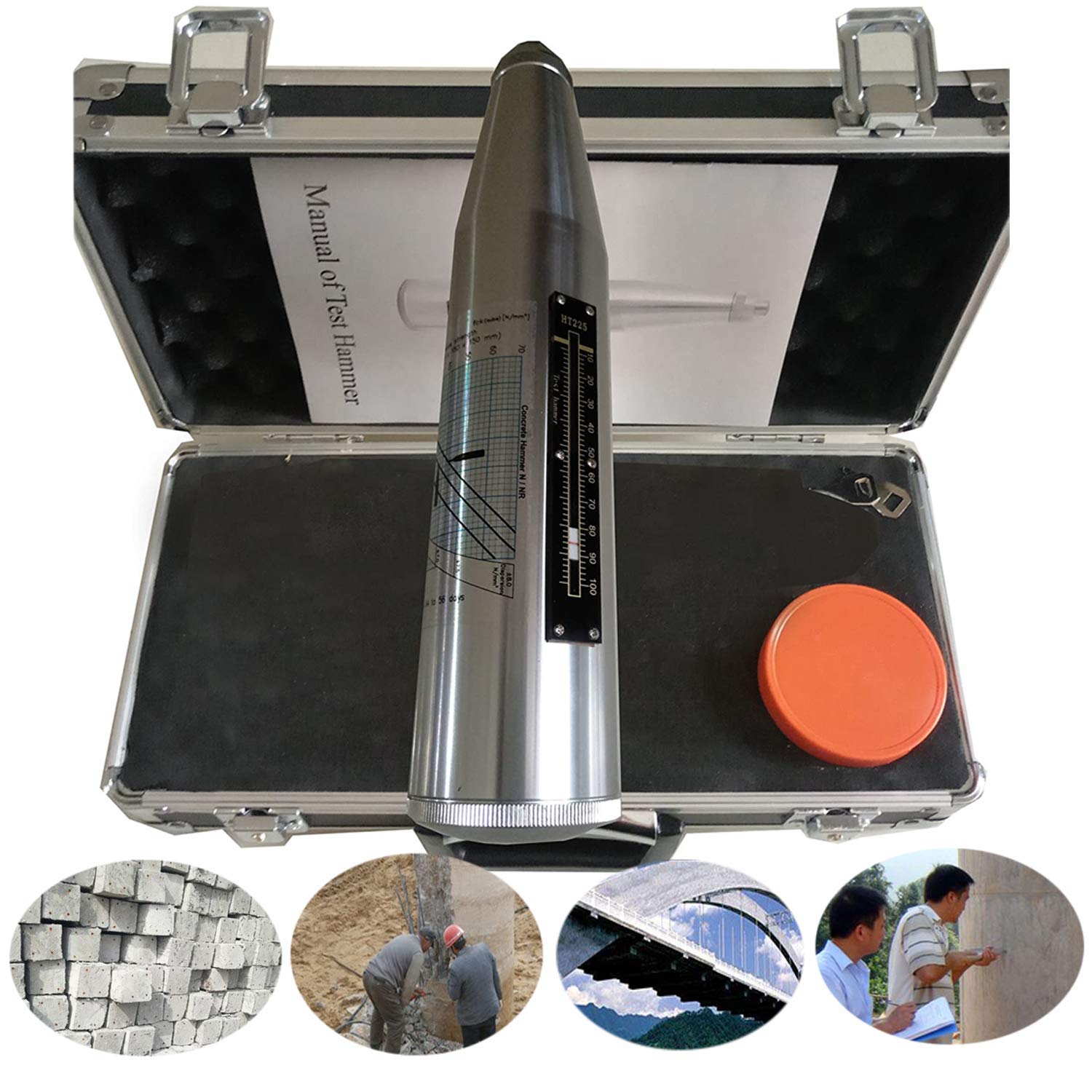 HT-225 Portable Concrete Rebound Tester Hammer - Digital Schmidt Hammer with 10-60MPa Range | Black Instrument Case | for Concrete Strength Testing on Construction Sites & Building Inspections