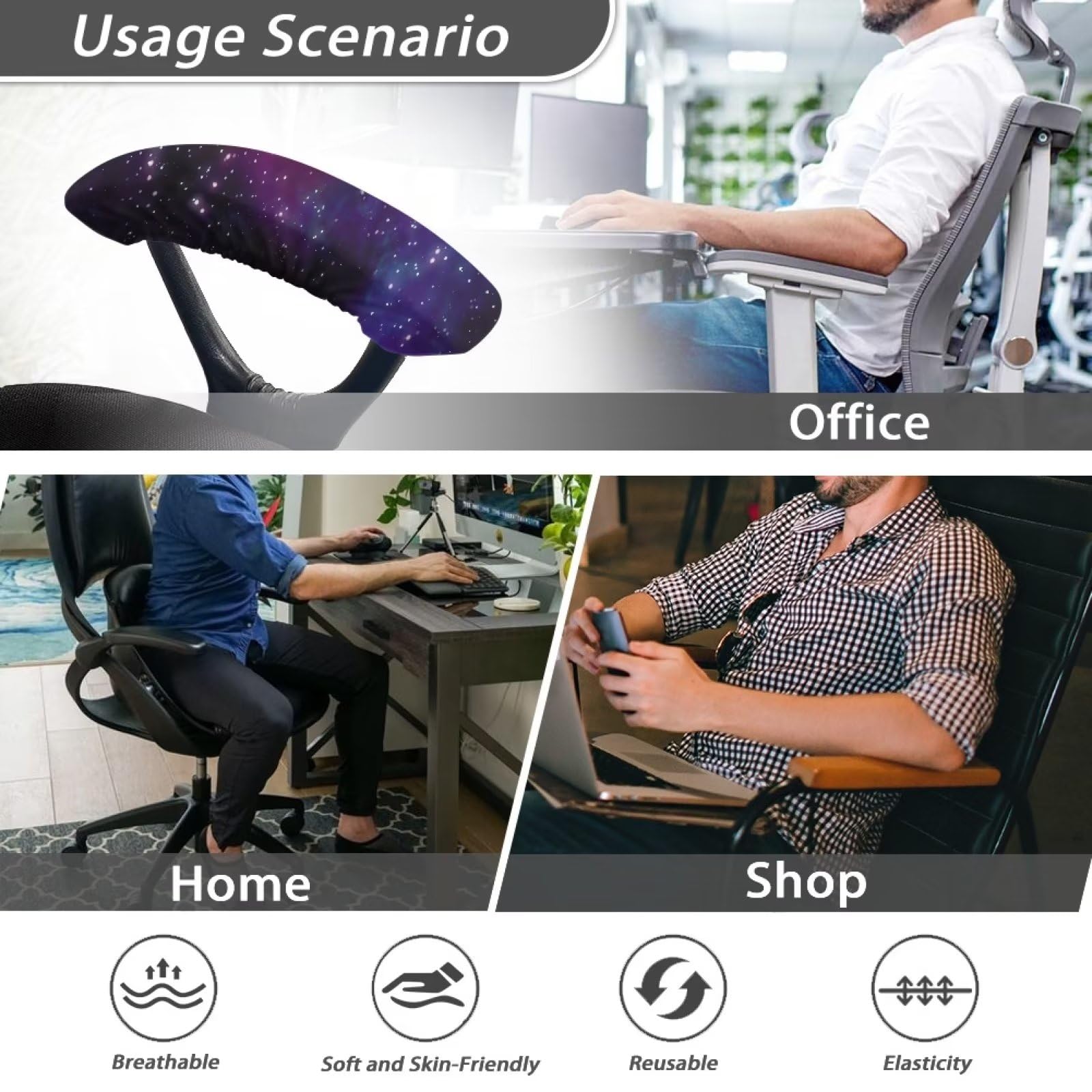 2PCS Galaxy Print Chair Armrest Covers - Elastic Office Chair Arm Protectors for Desk & Computer Chairs (Purple) | Prevent Wear & Add Comfort to Workspace