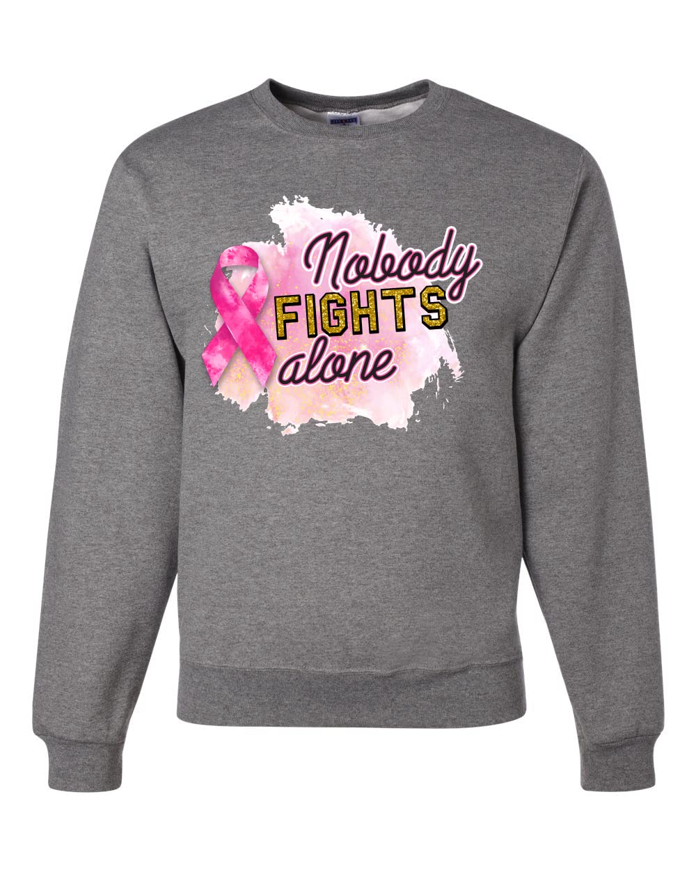 Wild Bobby Nobody Fights Alone Watercolor Sparkles Breast Cancer Awareness Unisex Crewneck Graphic Sweatshirt - Comfortable & Stylish Support Wear for Cancer Survivors, Fundraisers & Awareness Events