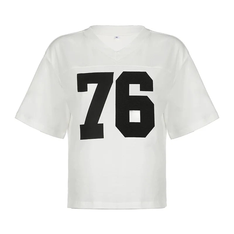 Y2K Baggy Graphic Tee for Women - Oversized V-Neck Short Sleeve T-Shirt | Street Fashion Casual Summer Top | Perfect for Music Festivals, Beach Outings & Everyday Wear