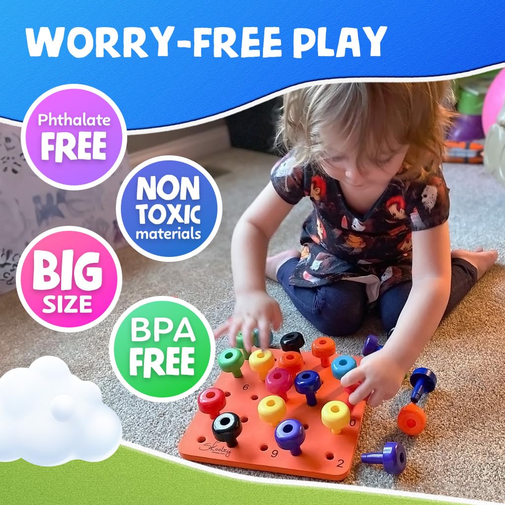 Skoolzy 33-Piece Peg Board Set - Montessori Educational Toys for Toddlers Ages 2+ | Occupational Therapy Learning Toy with Pegs, Dice & Lacing String | Includes Storage Bag - Perfect for Preschool Learning, Fine Motor Skills Development & Sensory Play