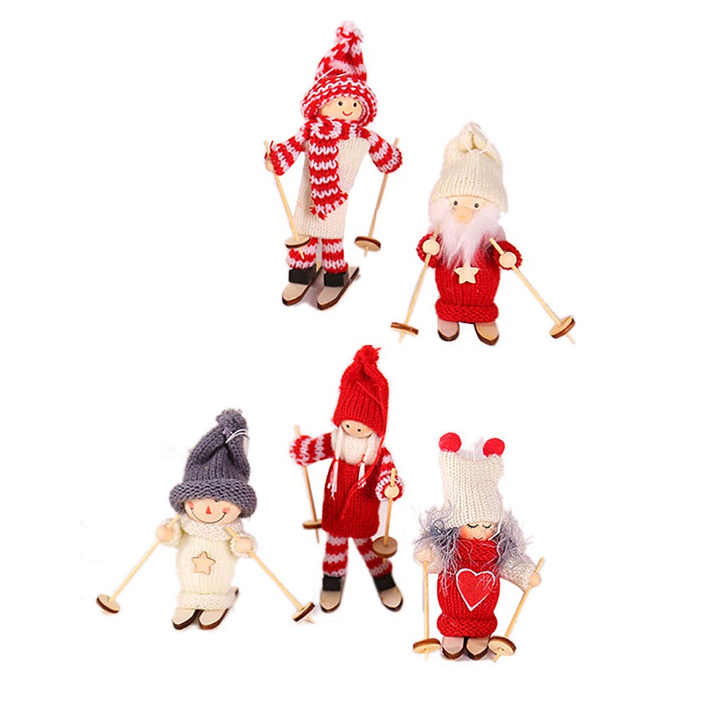 Amosfun 5pcs Wooden Ski Doll Ornaments - Christmas Tree & Home Decor