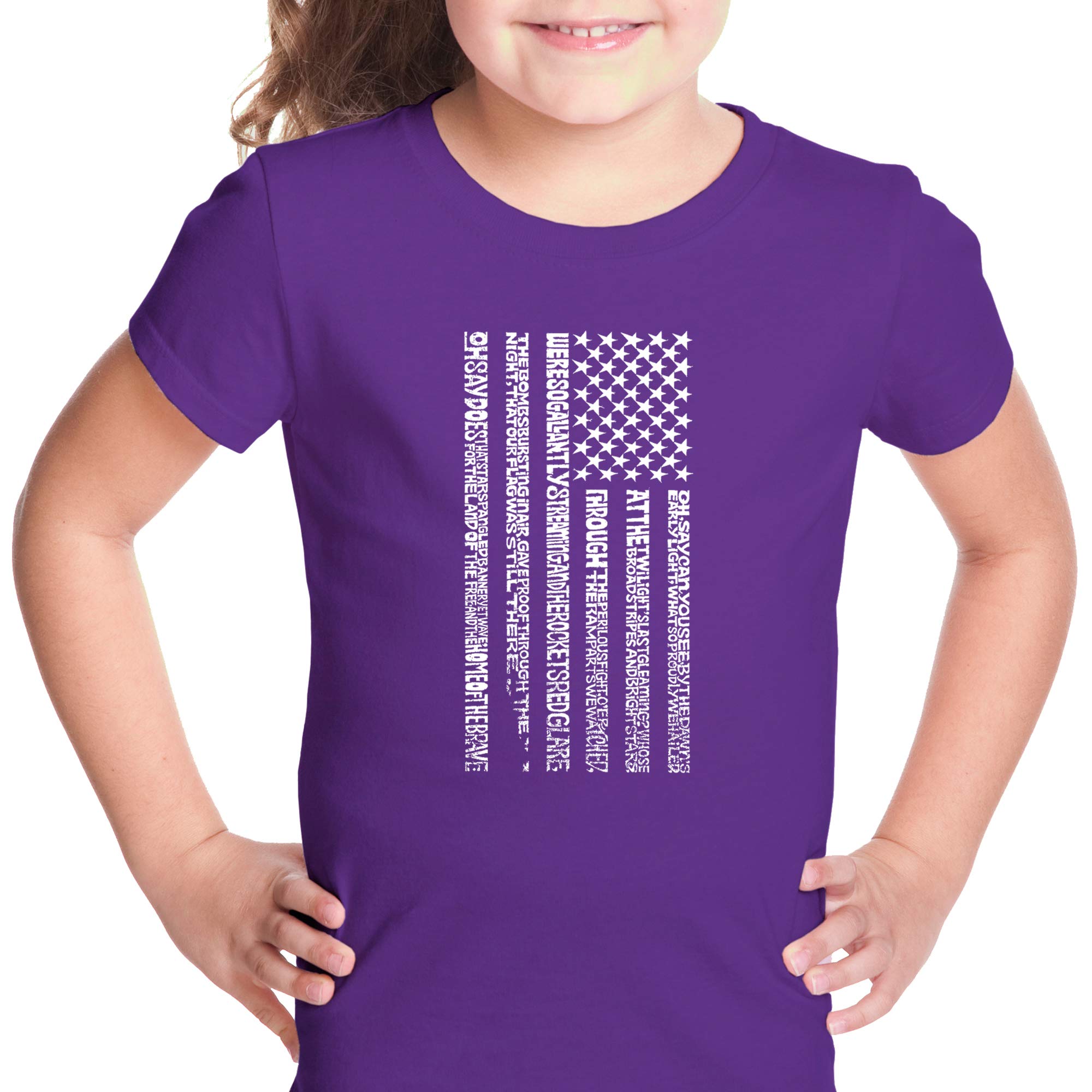 LA POP ART Girl's Word Art T-Shirt - Patriotic National Anthem Flag Design | Cute American Flag Tee for Kids, Teens & Women | Perfect for 4th of July, Memorial Day & School Spirit Events