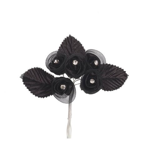 Elegant Black Sheer and Satin Rose Bouquet with Rhinestone Centers - Set of 6 Stems - Perfect for Wedding Decor, Home Centerpieces, and Romantic Gift Giving