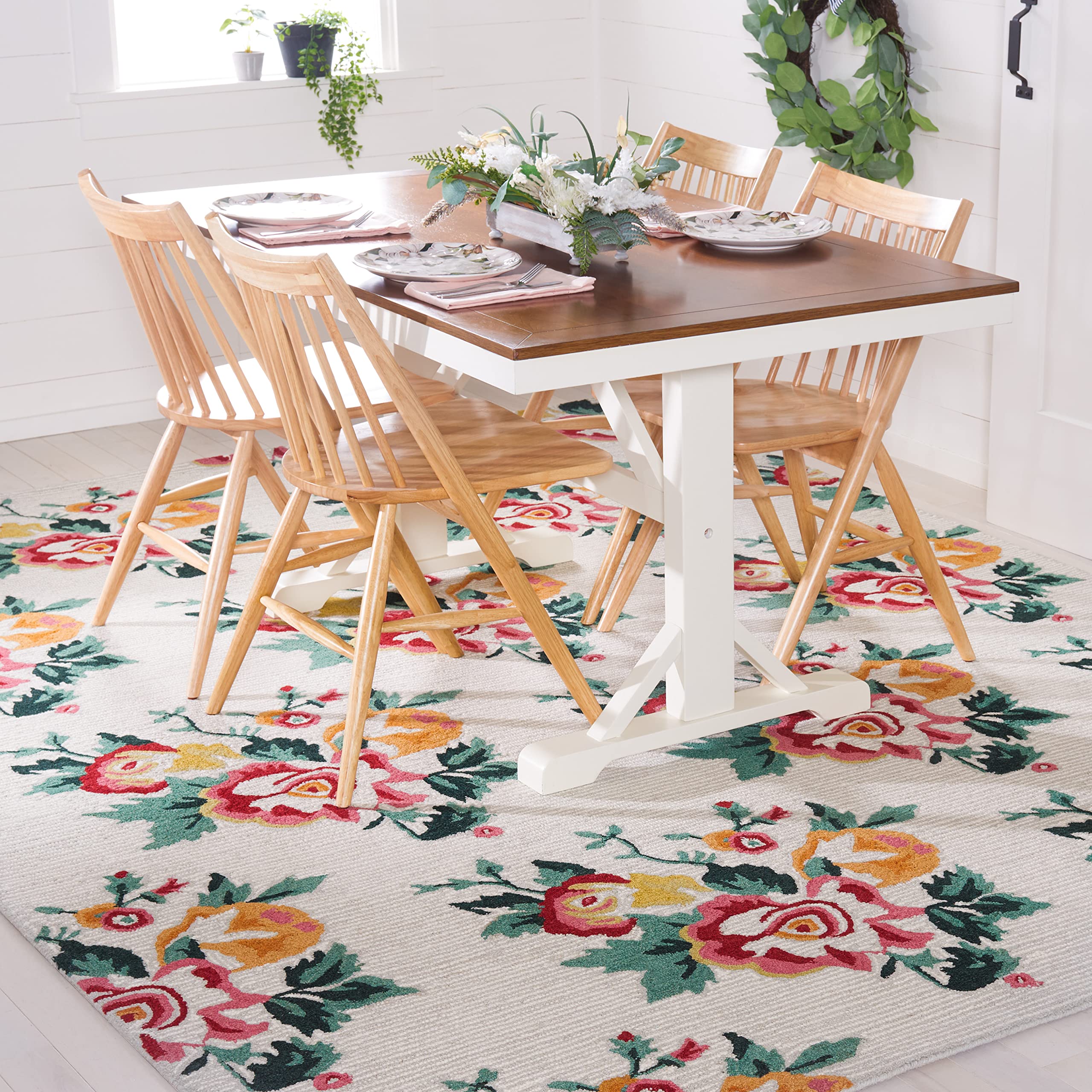SAFAVIEH Jardin Collection 6'x6' Ivory/Red Handmade Wool Area Rug - French Country Floral Design for Living Room, Bedroom & Dining Room Decor