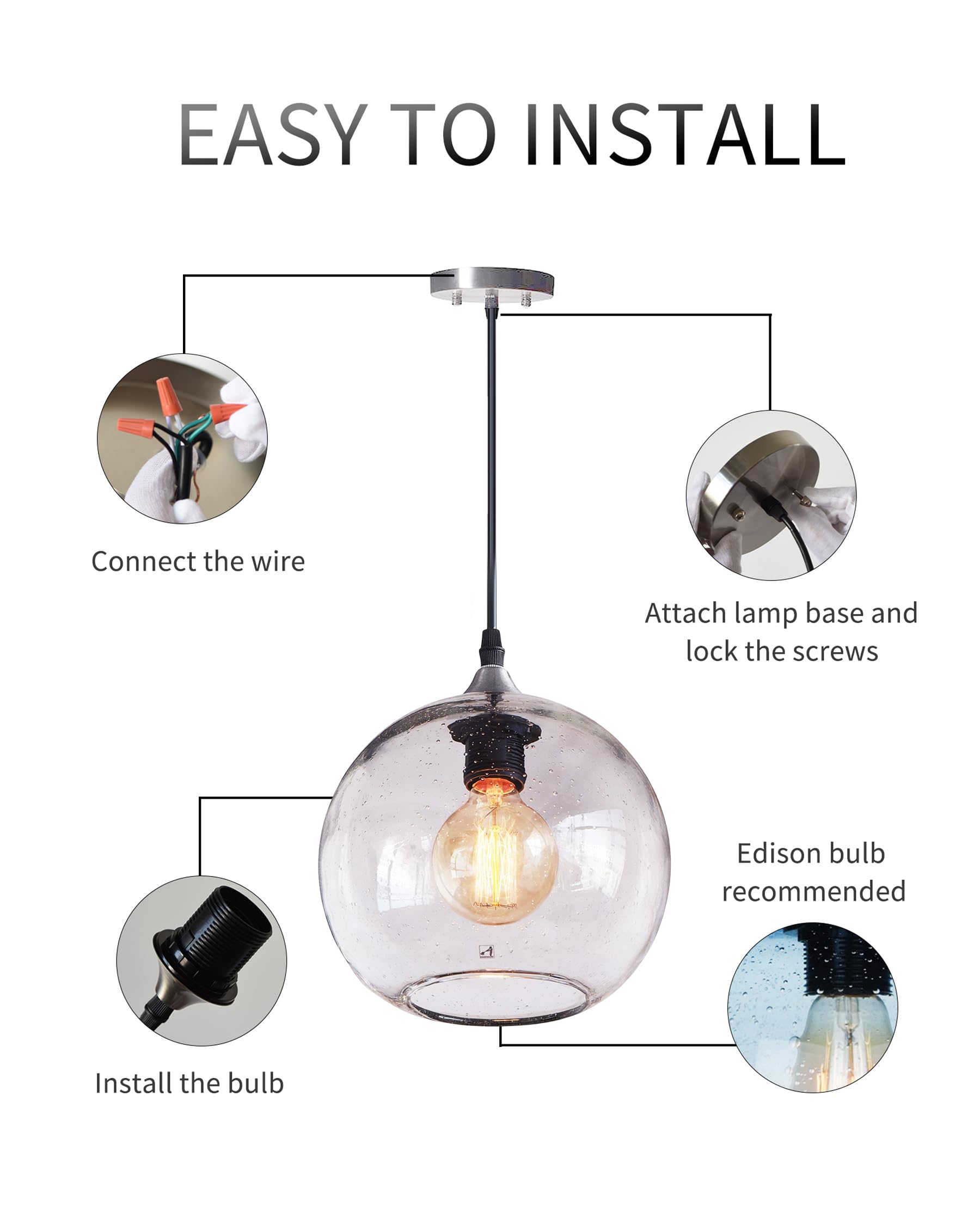 ARIAMOTION 2-Pack Modern Rustic Pendant Lights with Clear Seeded Glass - 8.7 Inch Diameter Hanging Fixtures for Kitchen Island, Dining Room, Bedroom & Bedside Lighting | Perfect for Farmhouse, Industrial & Contemporary Decor