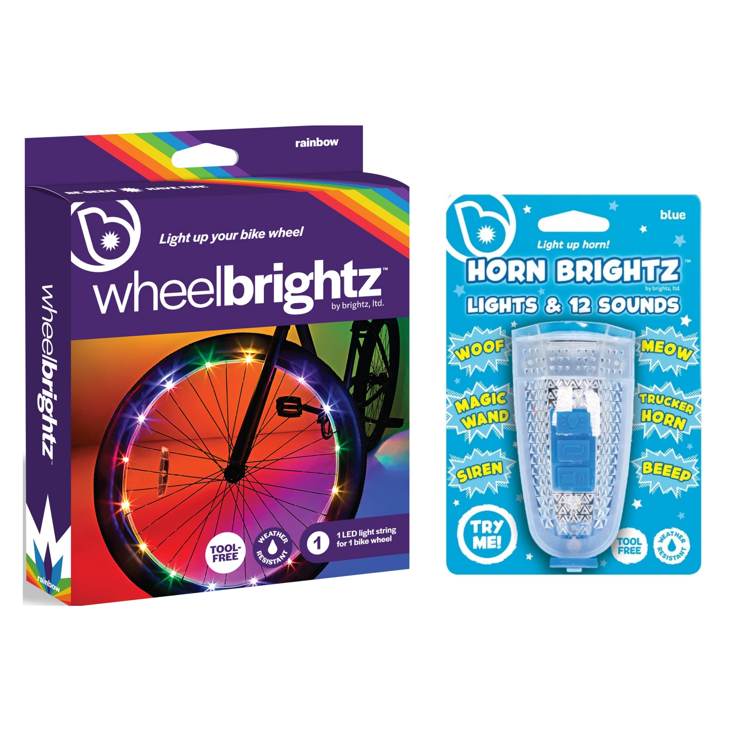 Brightz LED Bike Wheel Lights & Kids Bike Horn Combo - Pack of 2 LED Spoke Lights with 12 Sound Effects for Night Cycling Safety - Perfect for Kids Bikes, Night Rides & Outdoor Adventures