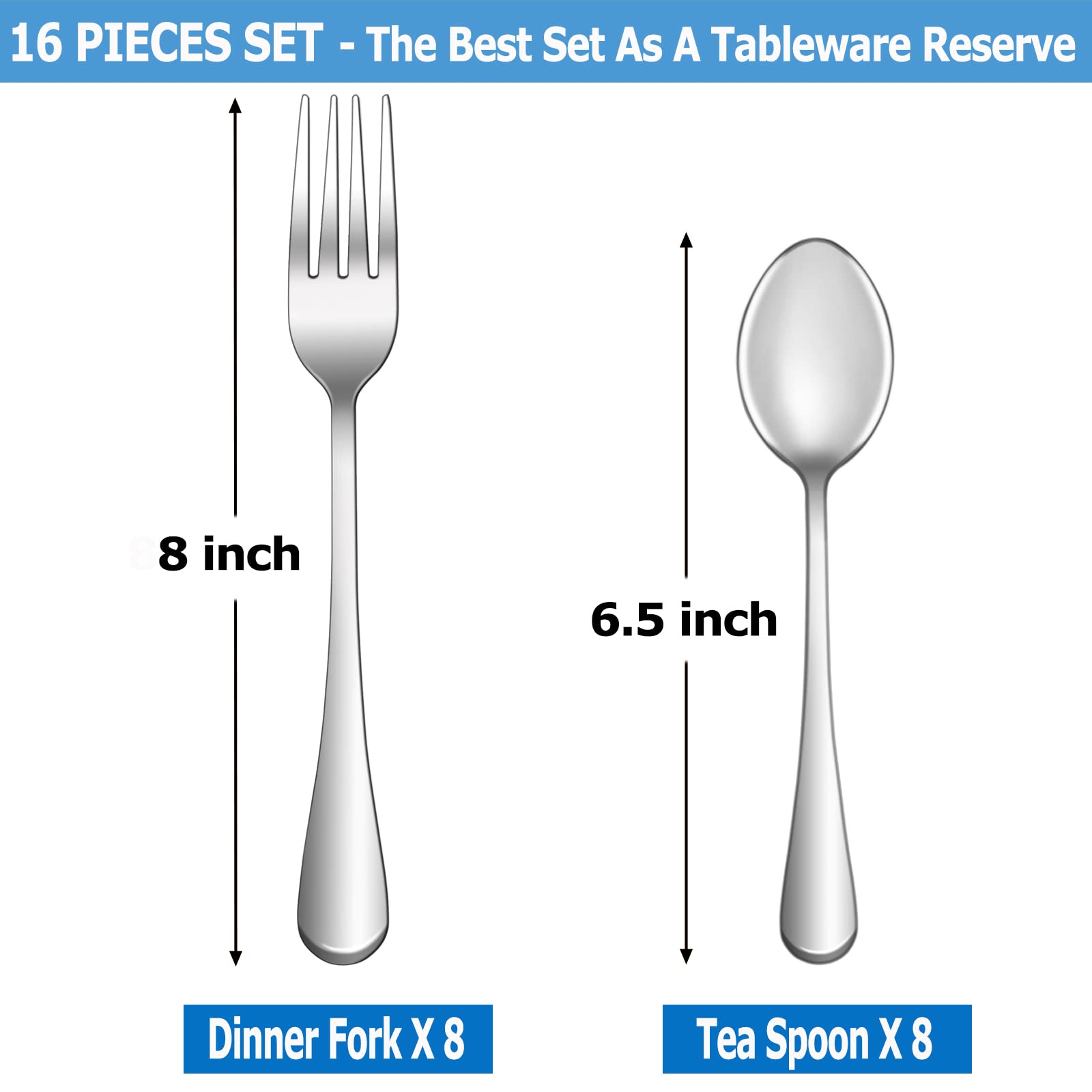 16-Piece Stainless Steel Flatware Set - 8 Dinner Forks (8 inch) & 8 Teaspoons (6.5 inch) - Mirror Polished, Dishwasher Safe, Food Grade Cutlery for Home, Kitchen & Restaurant Use - Perfect for Dining, Parties & Catering Events