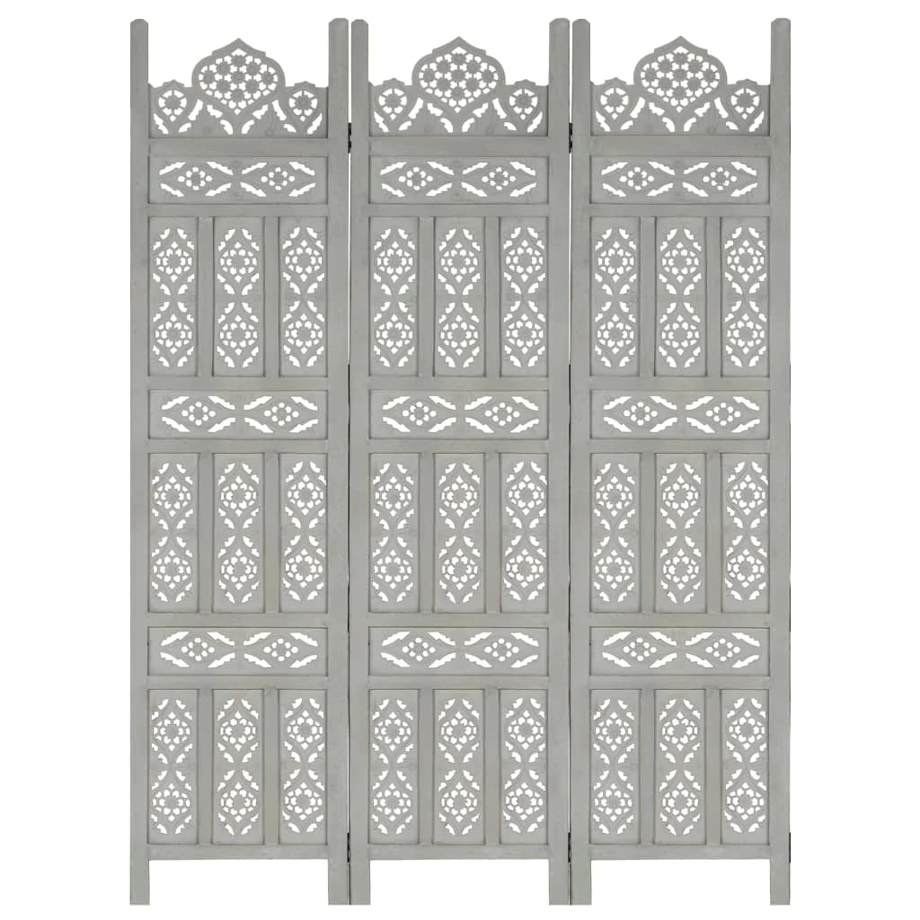 Hand Carved Solid Mango Wood 3-Panel Room Divider - Privacy Screen Panel for Bedroom, Living Room & Office - Natural Gray Wooden Partition for Home Decor & Space Separation