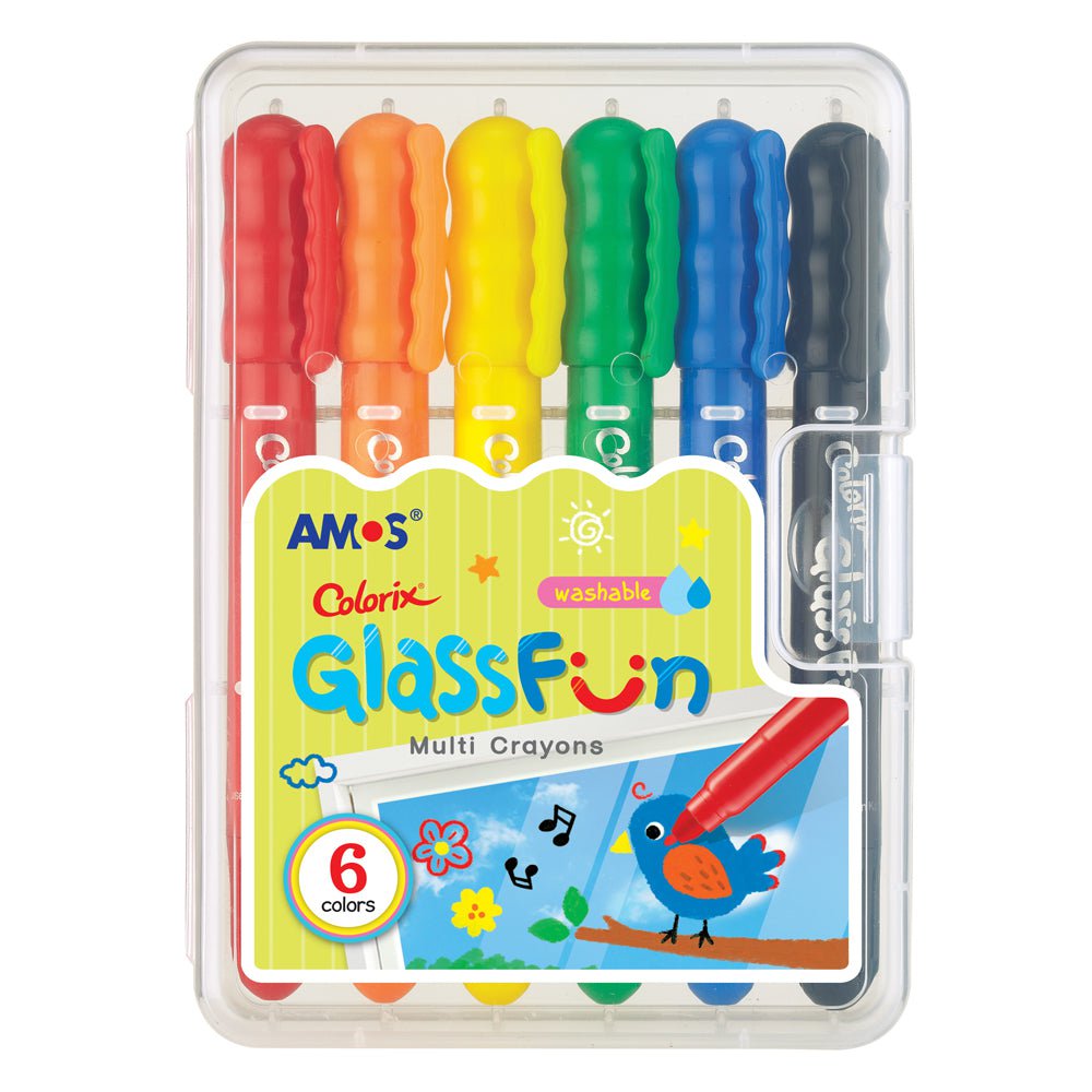 Amos Colorix Glass Fun Multi-Color Crayons - 6 Pack Vibrant Art Supplies for Kids & Adults - Perfect for Glass Painting, DIY Crafts & Window Decor