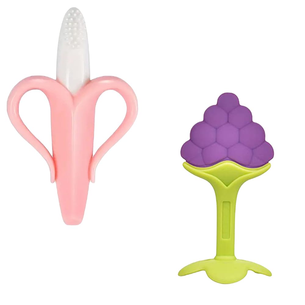 Kritiu Banana Shape Baby Brush & Teether Set - Soft Silicone Teething Toy for Infants | BPA-Free, Non-Toxic & Easy to Clean | Perfect for Soothing Sore Gums & Promoting Oral Hygiene (Peach & Blue) | Ideal for On-the-Go, Travel & Daily Baby Care