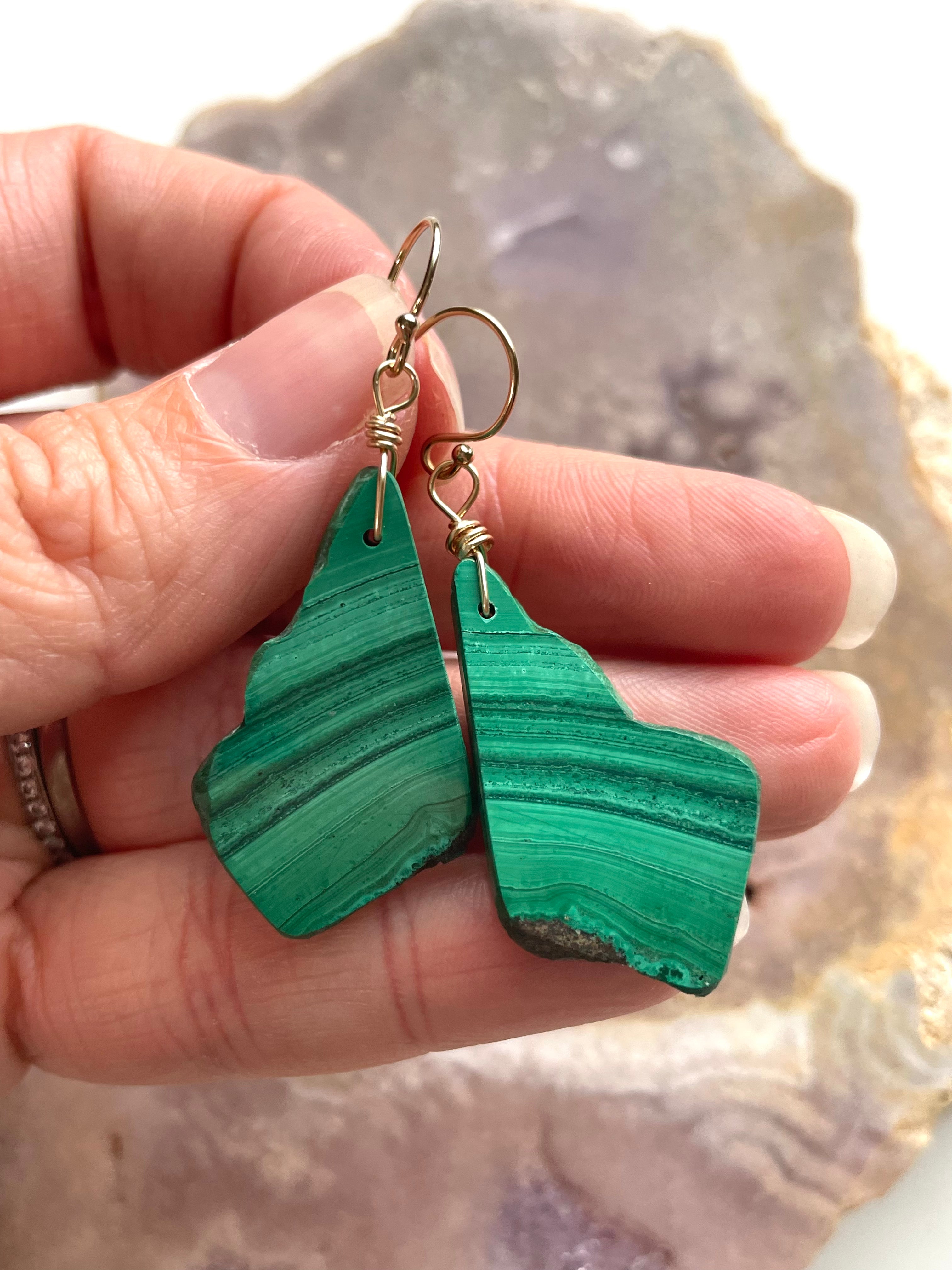 14kt Gold Filled Long Malachite Crystal Dangle Earrings - Handmade Boho Chic Jewelry for Women, Gift for Her | Perfect for Parties, Weddings & Special Occasions