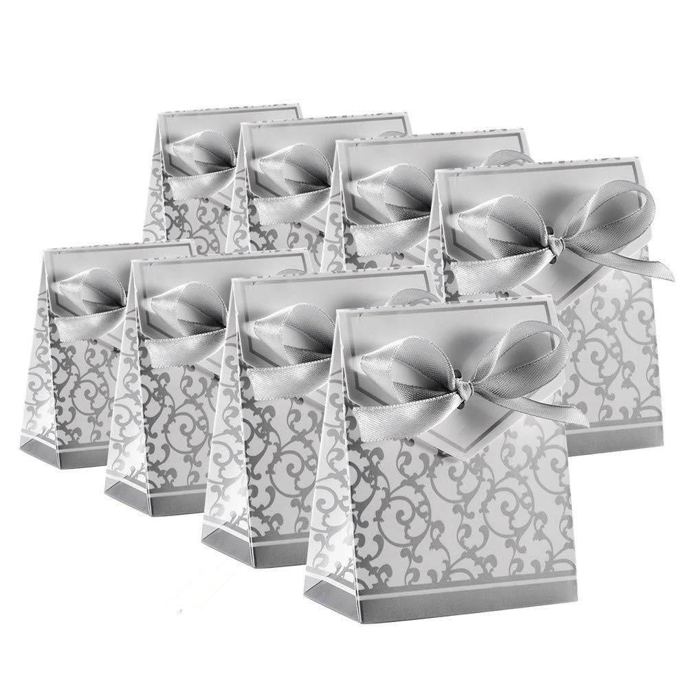 KUPOO 50PCS Silver Wedding Favor Boxes - Elegant Candy Gift Boxes with Ribbon for Wedding Party, Birthday, Baby Shower & Easter Decorations - Perfect for Candy, Cake, Chocolates and Party Favors