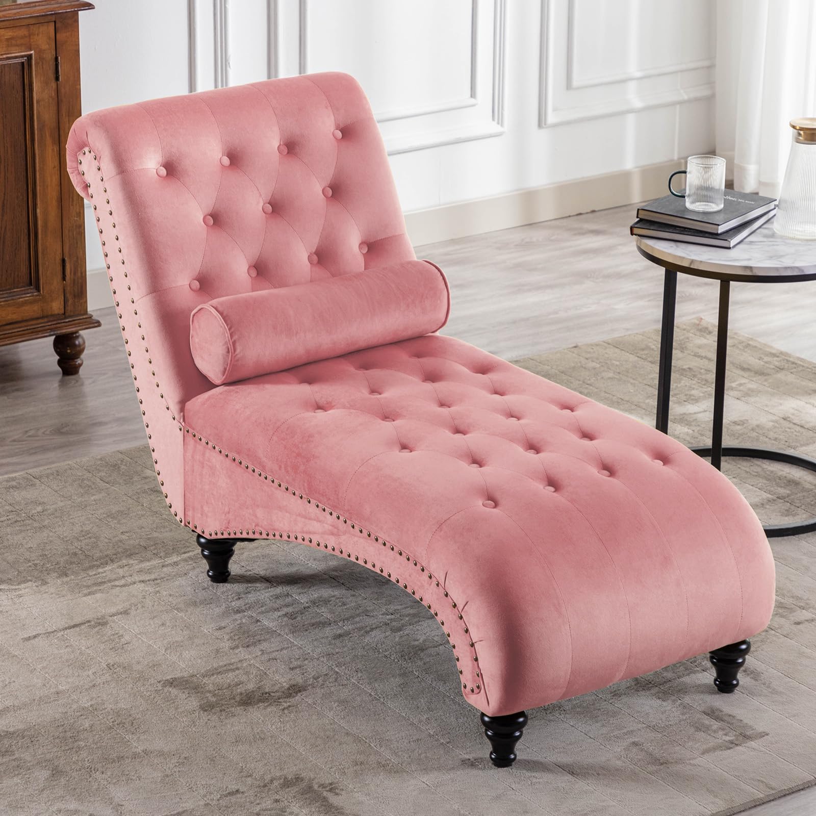 Luxury Velvet Button-Tufted Chaise Lounge Chair with Bolster Pillow - Elegant Nailhead Trim & Turned Legs for Living Room, Bedroom or Office - Comfortable Leisure Sofa Couch in Soft Pink - Perfect for Relaxing, Reading or Napping
