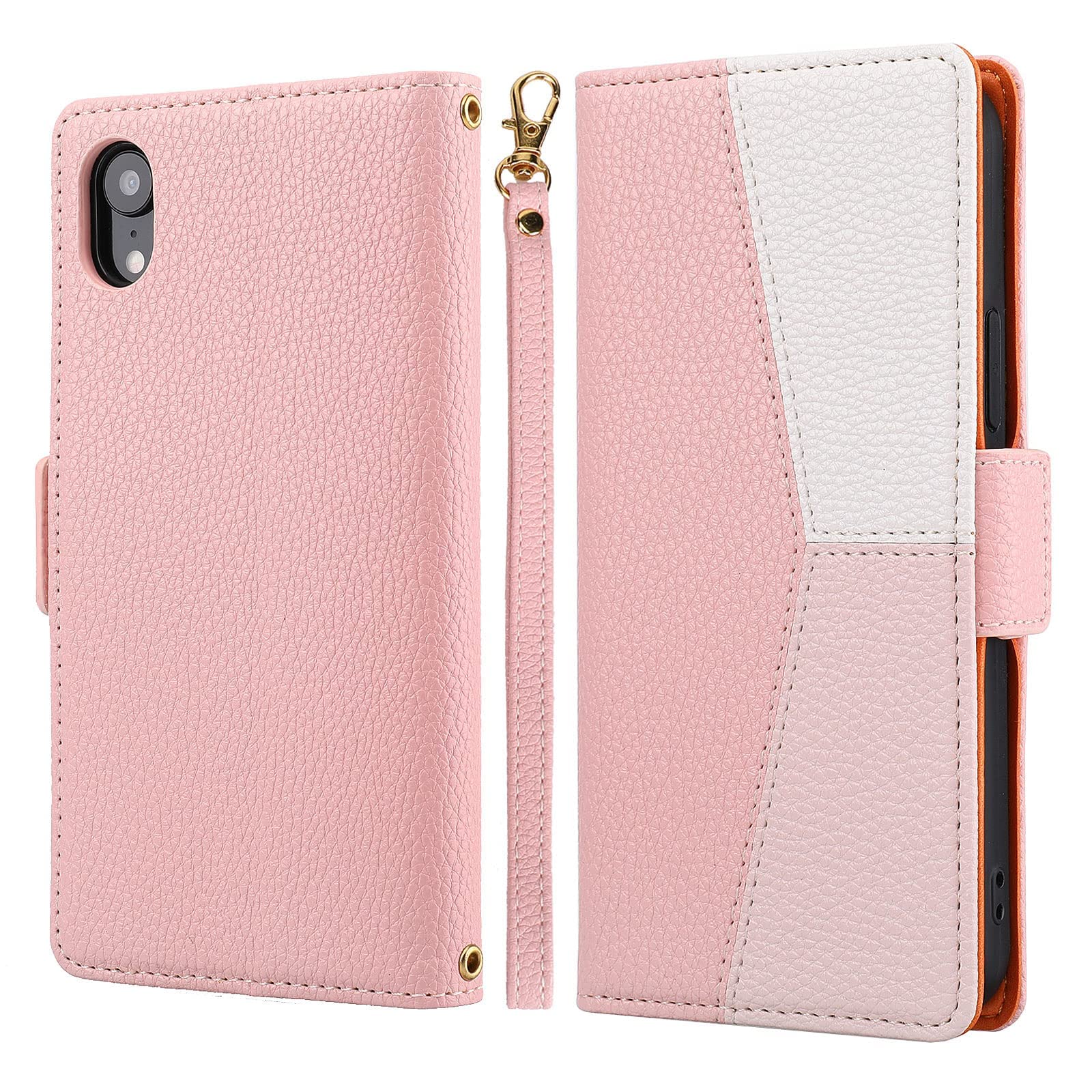 Premium Leather Wallet Case for iPhone X/XS with Card Slots & Wrist Strap | Folio Flip Cover in Splicing Pink | Perfect for Everyday Use, Travel & Hands-Free Convenience
