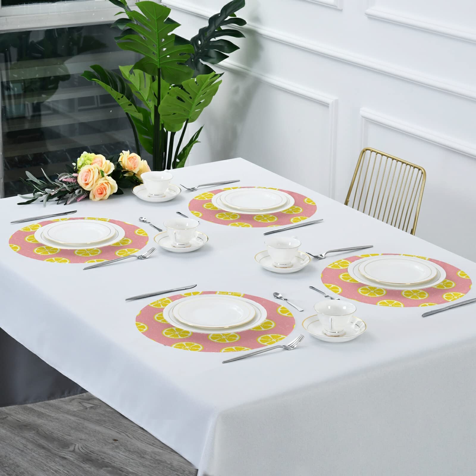 WIHVE Round Placemats Set of 6 - Yellow Lemon Dots Non-Slip Table Mats for Kitchen Dining (15.4 Inch) - Perfect for Family Meals, Dinner Parties & Everyday Use