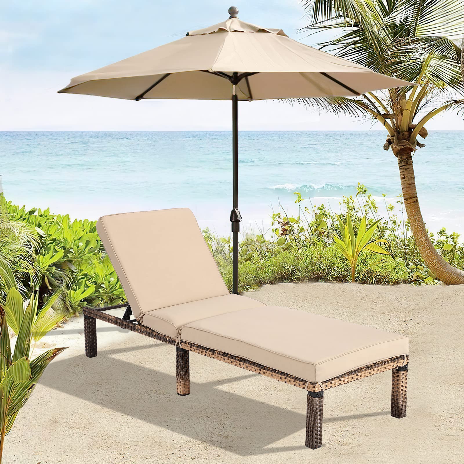 Adjustable Rattan Chaise Lounge with Cushions - Outdoor Patio, Poolside & Beach Sunbathing Chair - Wicker Tanning Lounger for Yard, Garden & Backyard Relaxation