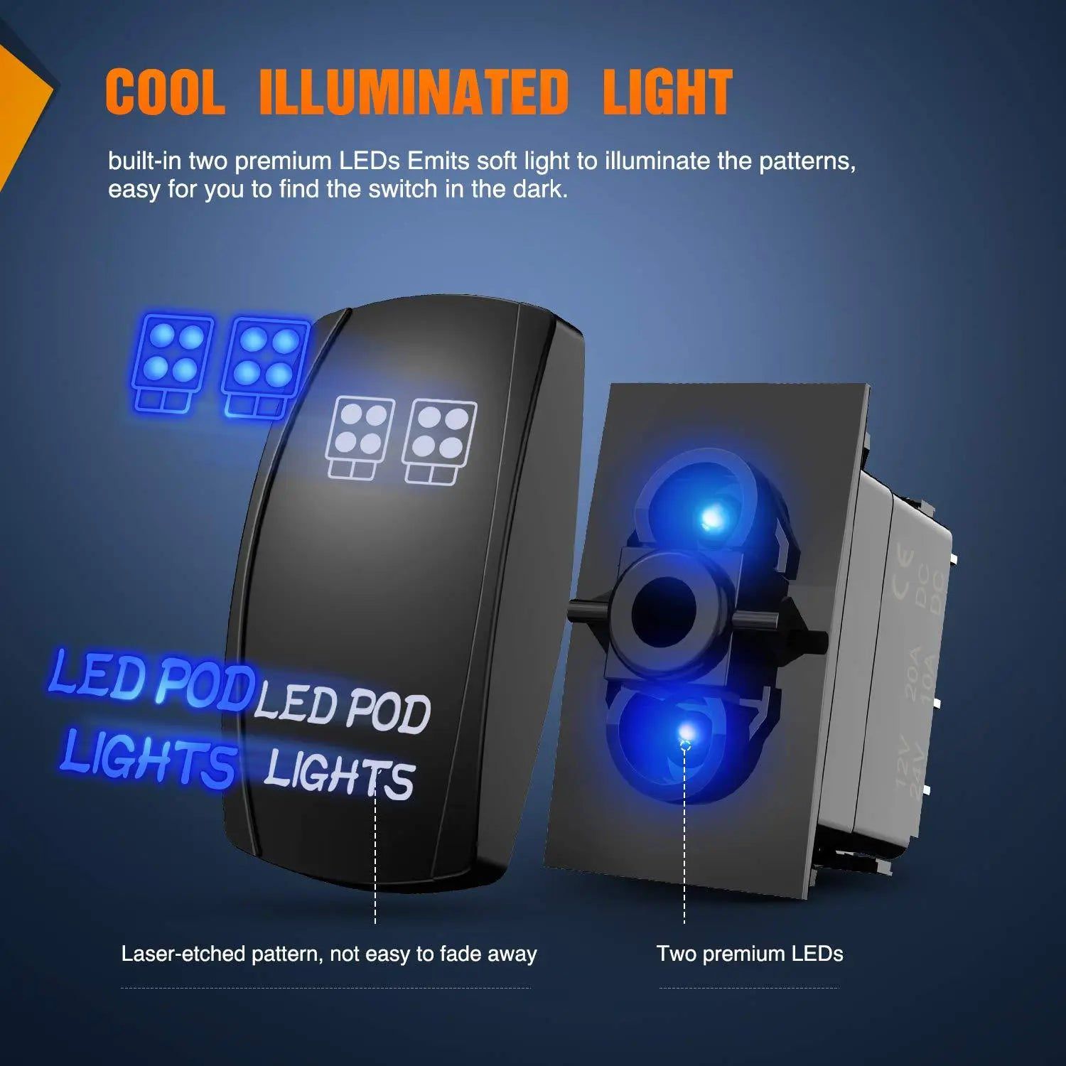 5Pin Laser On/Off LED Pod Lights Rocker Switch Blue - Waterproof Off-Road Light Bar Switch for Trucks, Jeeps, ATVs, Boats - Perfect for Night Driving & Outdoor Adventures