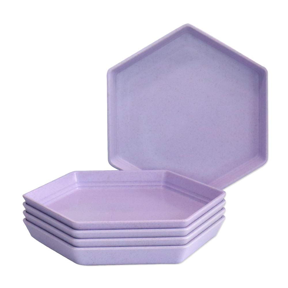 5 Pack Hexagon Premium Dessert Plates - 6.7 x 5.9 Inch Unbreakable Reusable Appetizer Plates, Colorful Small Snack Saucers for Fruit, Candy, Side Dishes - Perfect for Parties, Picnics, and Home Dining (15cm, Purple)