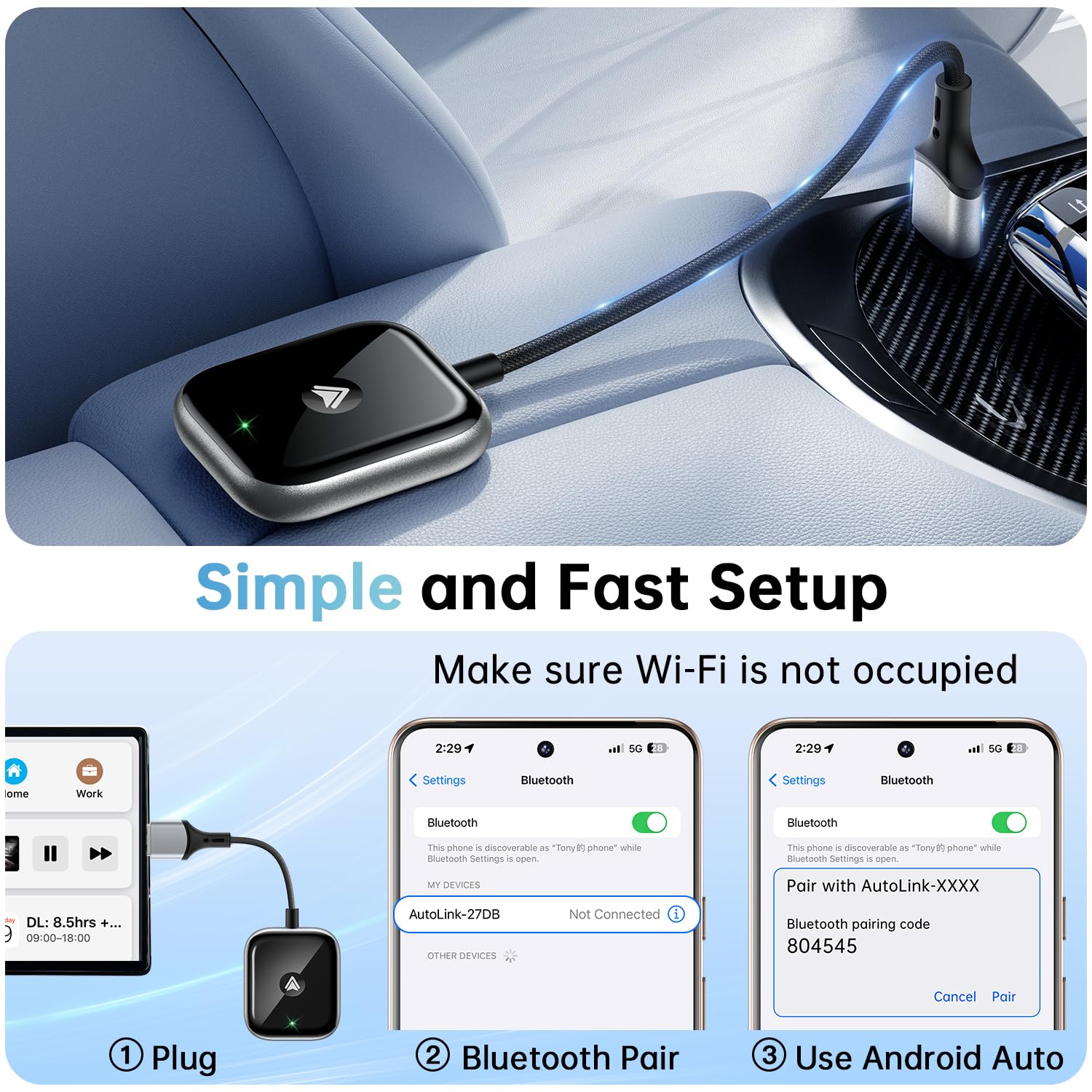 Wireless Android Auto Adapter - Plug & Play for Cars, Fast & Seamless Connection - Perfect for Commuting & Road Trips