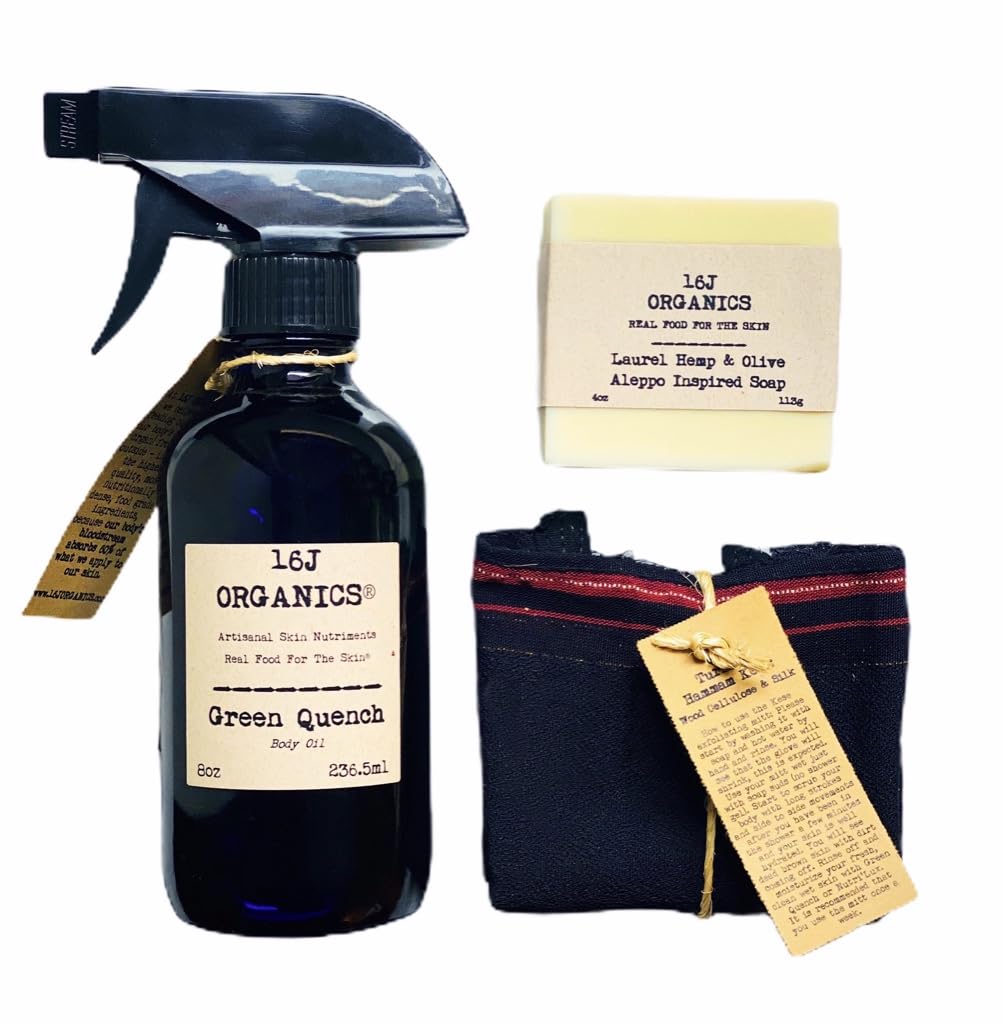 Organic 100% Natural Turkish Hammam Spa Set - 8oz Green Quench Body Oil, Kese Scrub Mitt & Laurel Berry Aleppo Soap for Relaxation & Skin Care - Perfect for Home Spa, Gift Sets & Self-Care Rituals