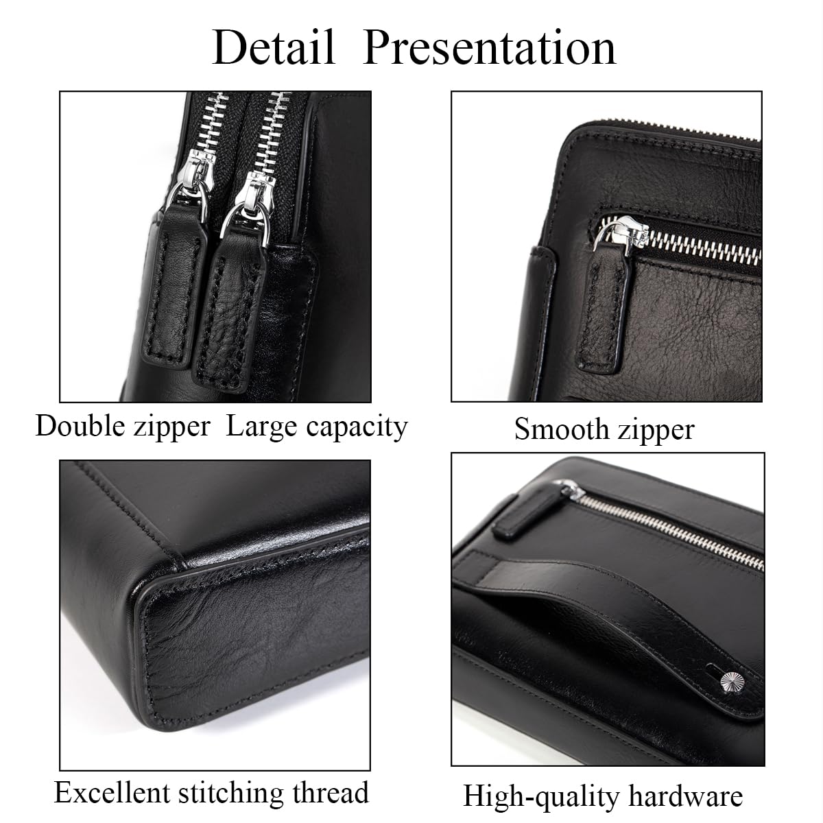 Genuine Leather Men's Clutch Bag - Slim Business Wallet with 2 Zipper Pockets & Card Holder - Perfect for Office, Travel, and Everyday Use