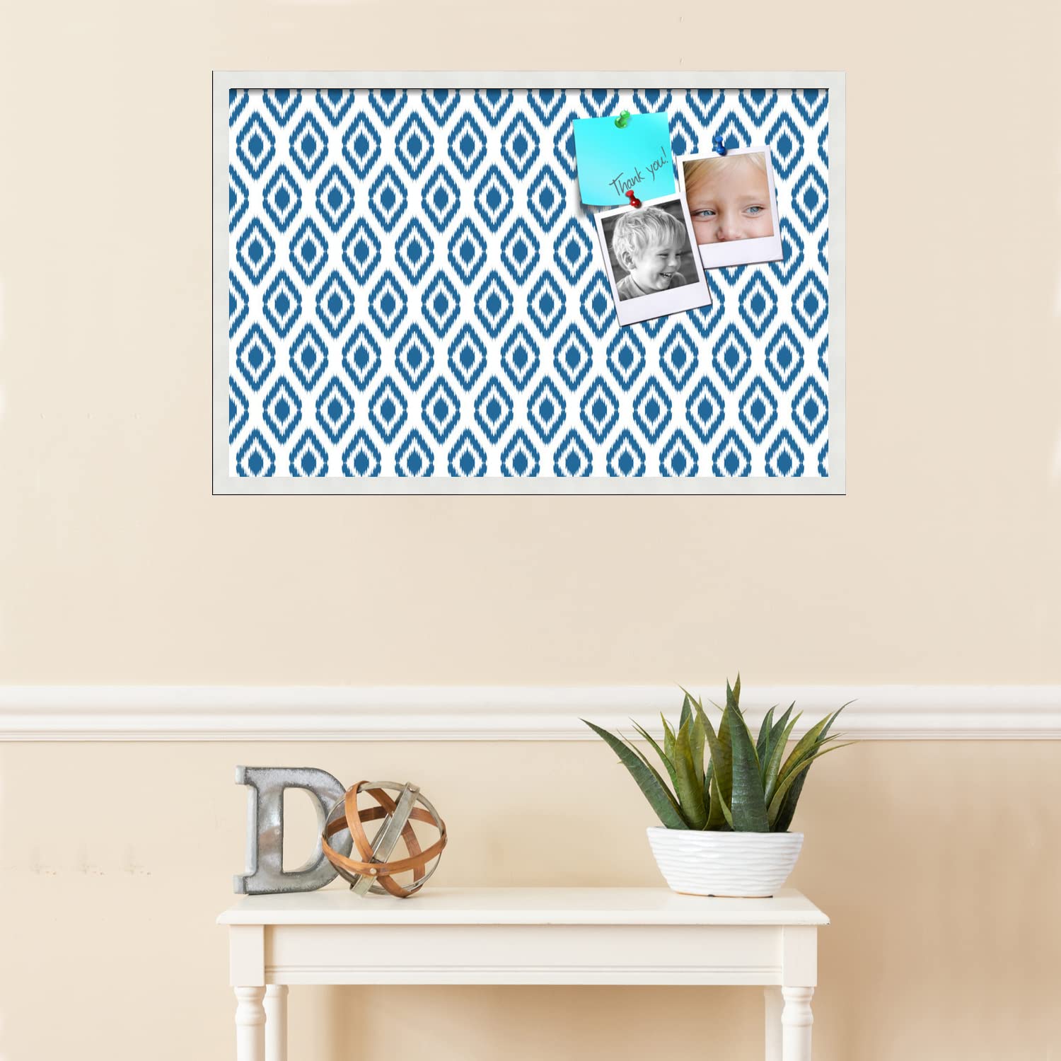 PinPix 34x22 Inch Cork Bulletin Board with Ikat Navy Design & Satin White Frame - Decorative Framed Pin Board for Home Office Decor, School Classroom, Dorm Room Organization & Message Display (PinPix-1634)