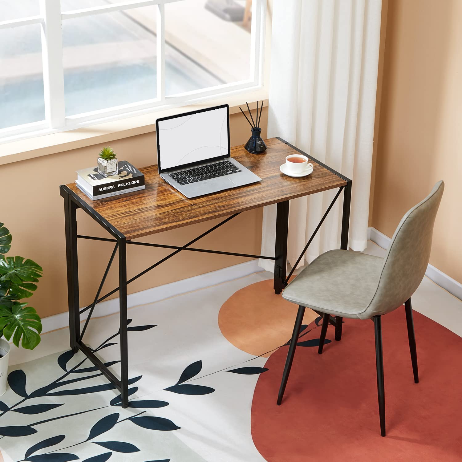 Modern Small Computer Folding Desk for Home Office - 39 Inch Rustic Brown Compact Writing Table | Space-Saving Study Desk for Small Apartments, Dorm Rooms & Workspaces