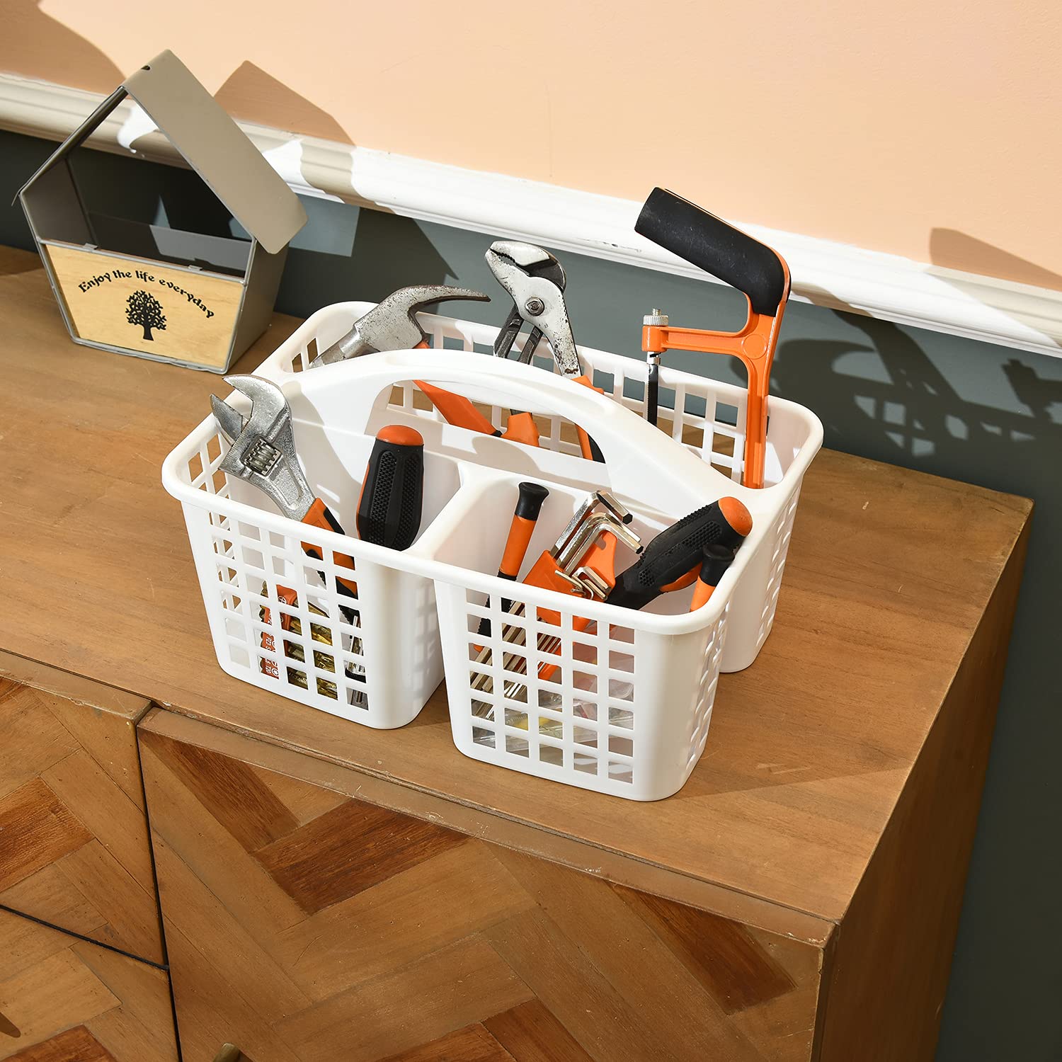 ALINK Plastic Shower Caddy Basket with 4 Compartments - Portable Bathroom Organizer with Handle for College Dorm, Apartment & Travel - White | Perfect for Shampoo, Soap & Toiletries Storage in Small Spaces