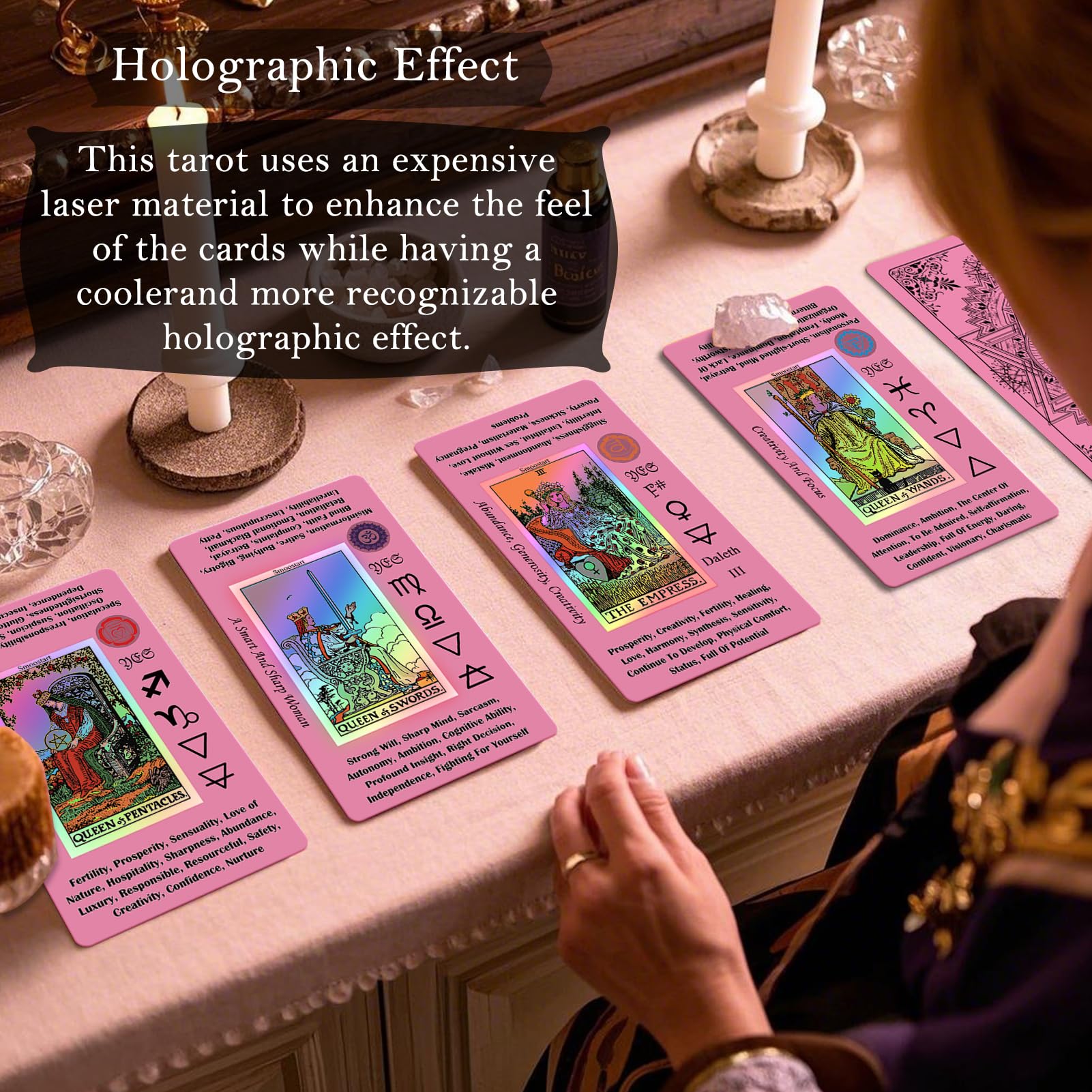 Pink Tarot Cards for Beginners with Meanings & Guide Book - Holographic Laser Tarot Deck with Keywords - Perfect for Meditation, Divination & Spiritual Guidance